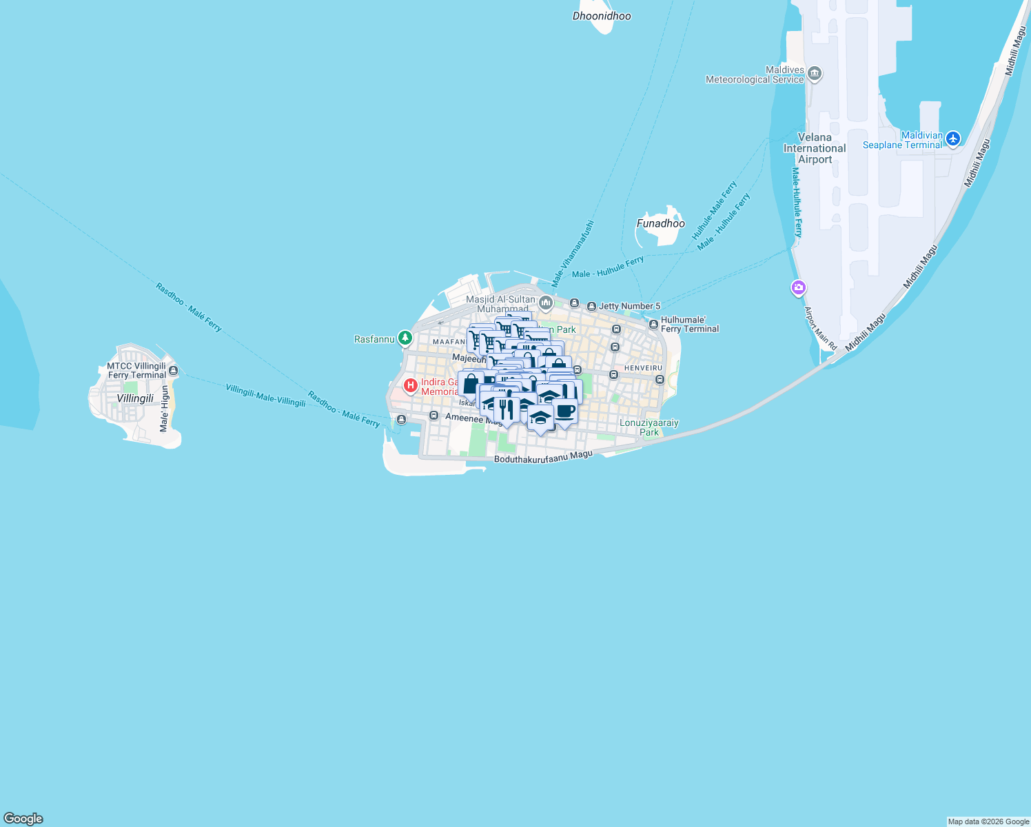 map of restaurants, bars, coffee shops, grocery stores, and more near Buruzu Magu in Malé