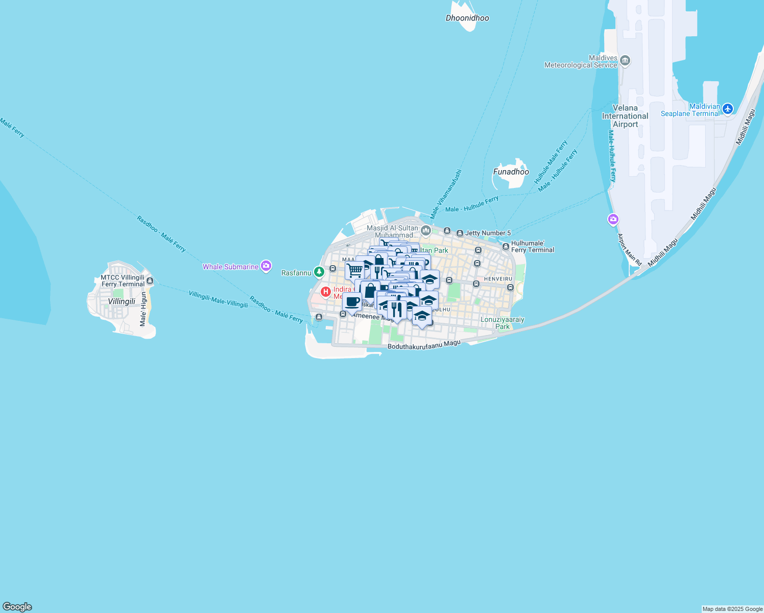 map of restaurants, bars, coffee shops, grocery stores, and more near Iskandhar Magu in Malé