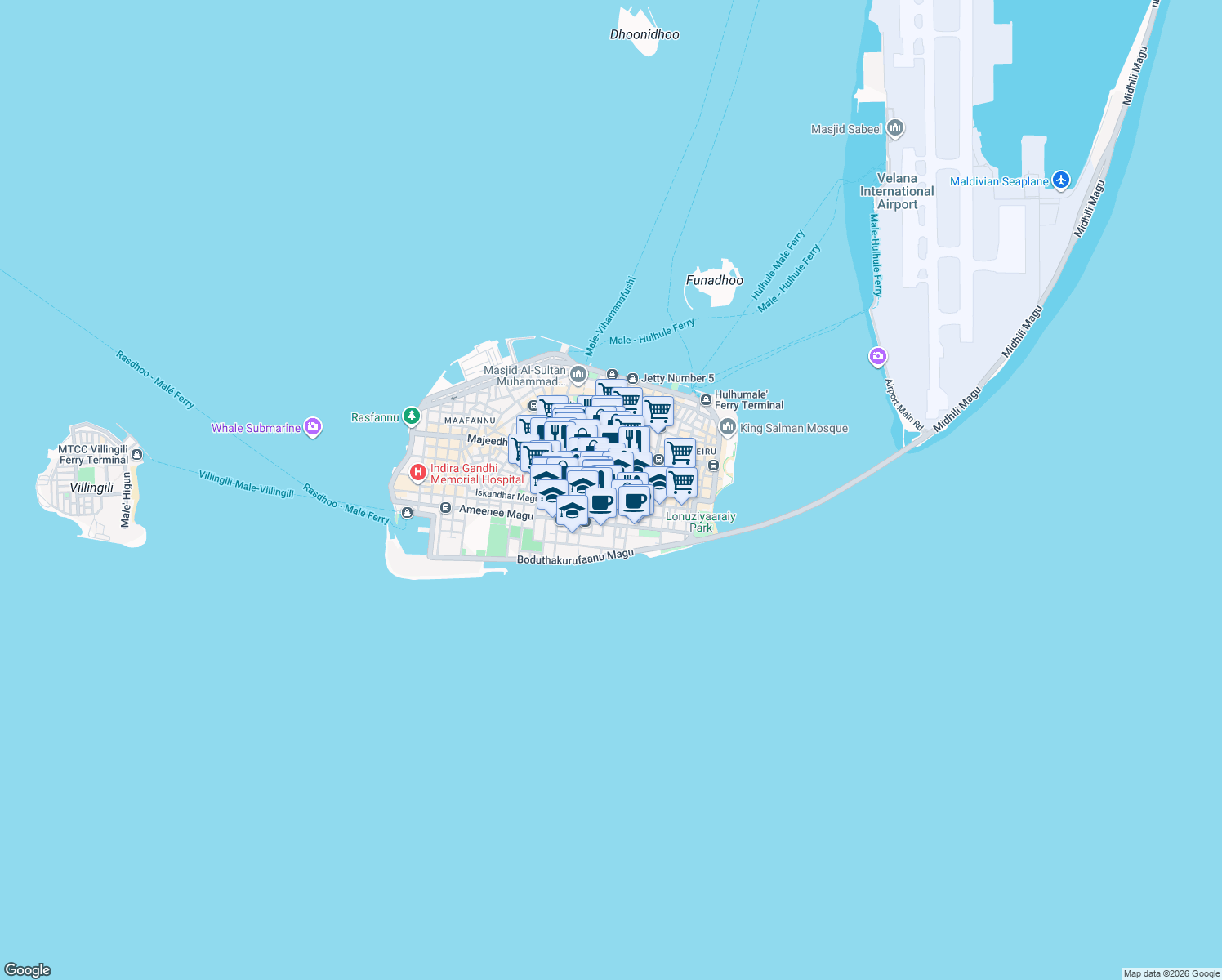 map of restaurants, bars, coffee shops, grocery stores, and more near Bodurasgefaanu Magu in Malé