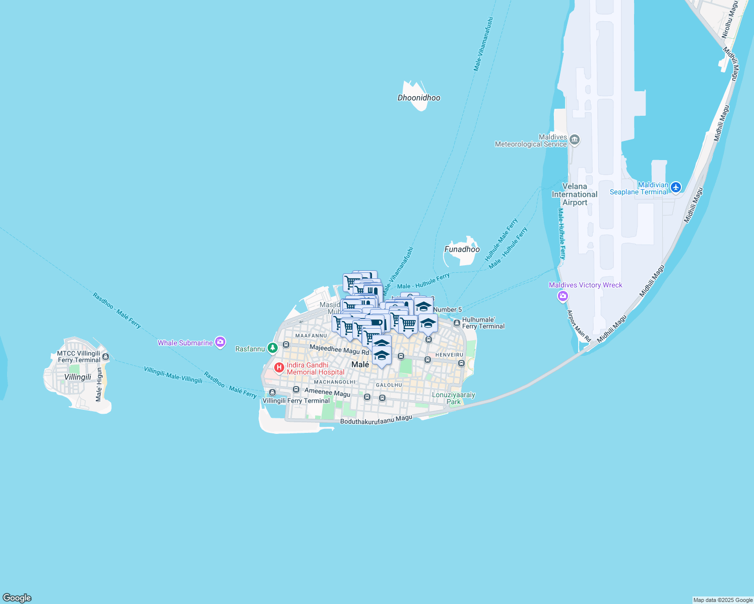 map of restaurants, bars, coffee shops, grocery stores, and more near Boduthakurufaanu Magu in Male'