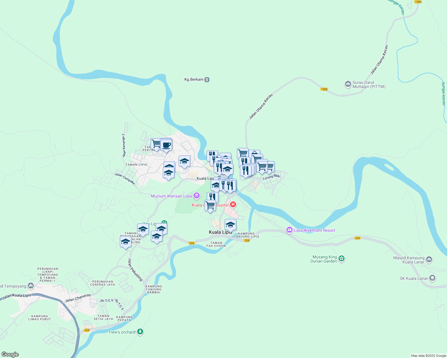 map of restaurants, bars, coffee shops, grocery stores, and more near Jalan Besar in Kuala Lipis