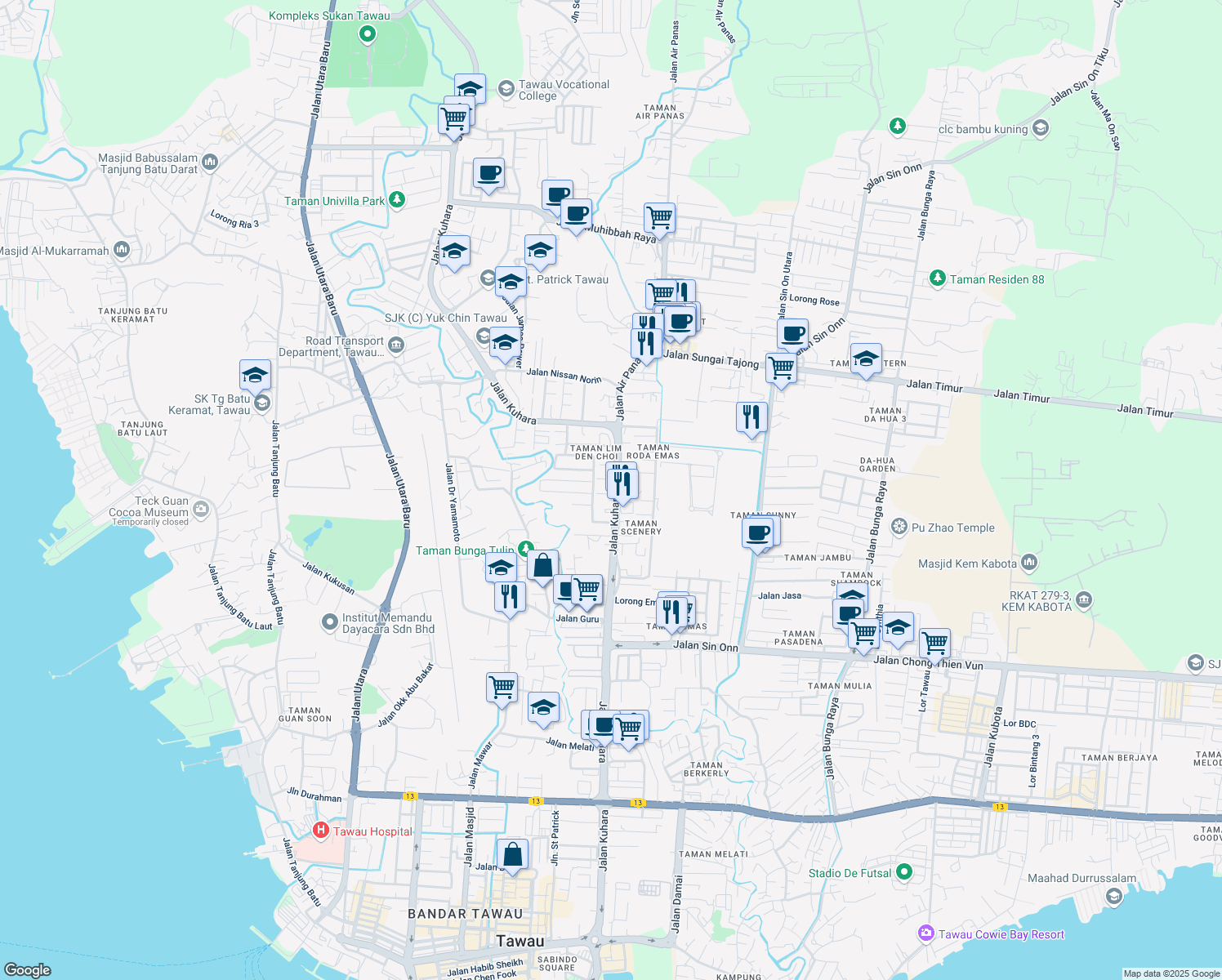 map of restaurants, bars, coffee shops, grocery stores, and more near Jalan Kuhara in Tawau