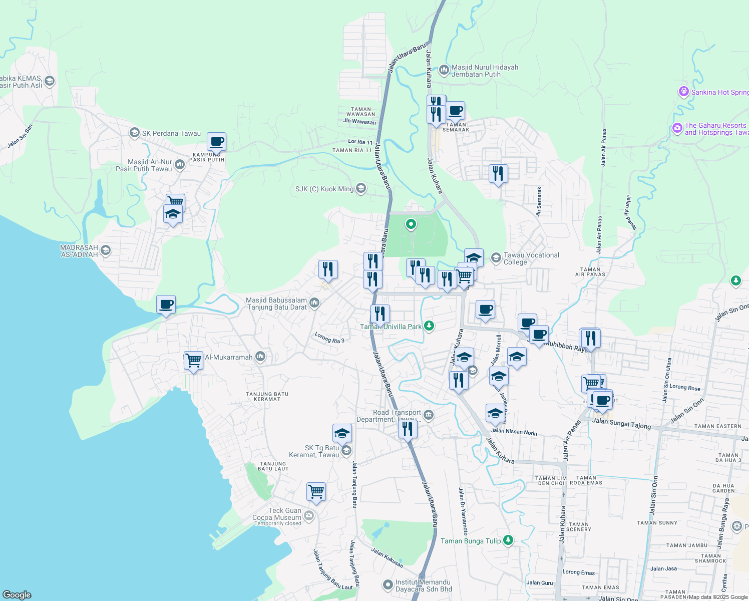 map of restaurants, bars, coffee shops, grocery stores, and more near Jalan Utara Baru in Tawau
