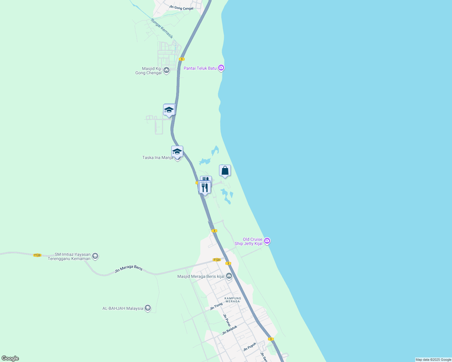 map of restaurants, bars, coffee shops, grocery stores, and more near Laluan Persekutuan 3 in Kemasik