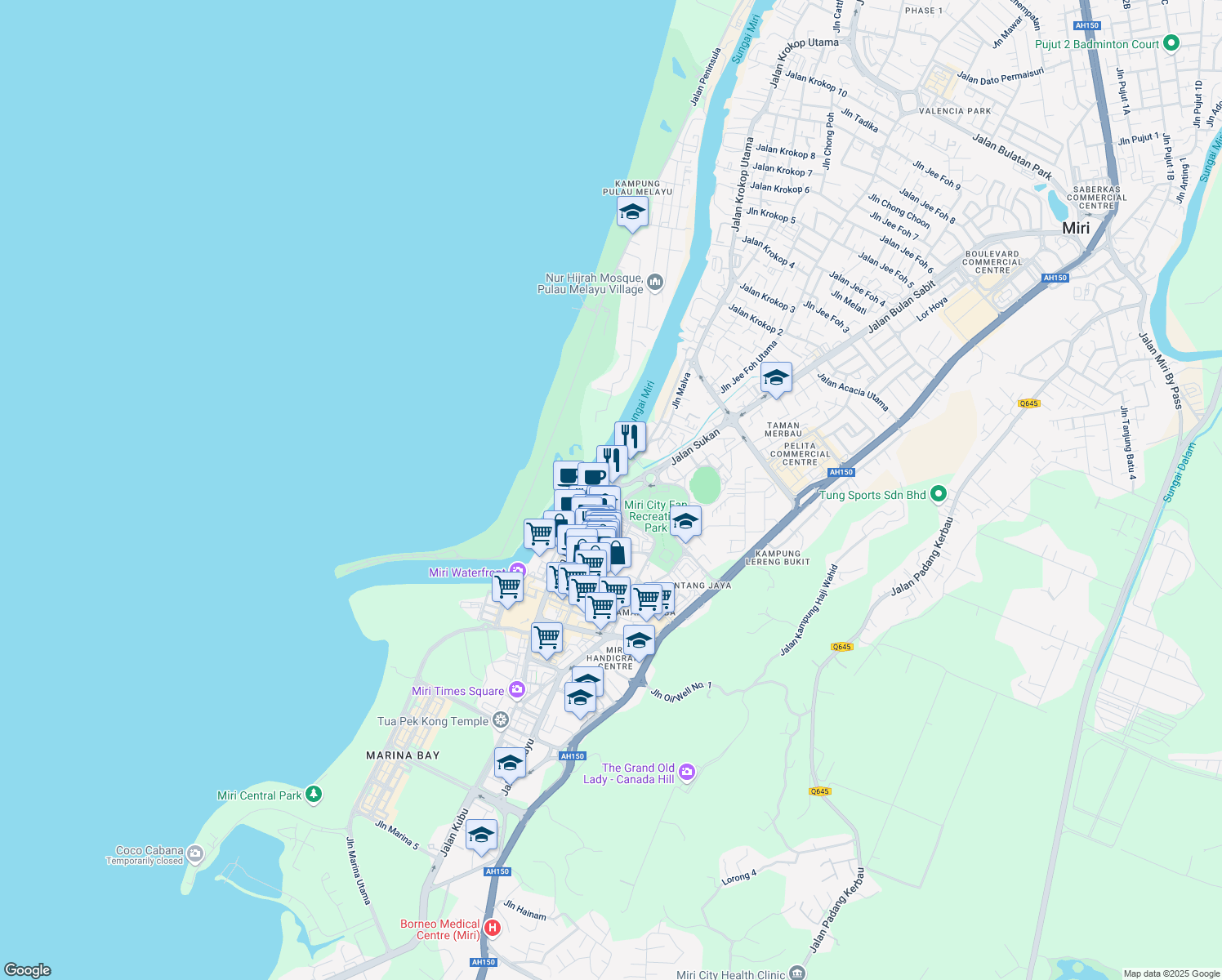 map of restaurants, bars, coffee shops, grocery stores, and more near Jalan Permaisuri in Miri