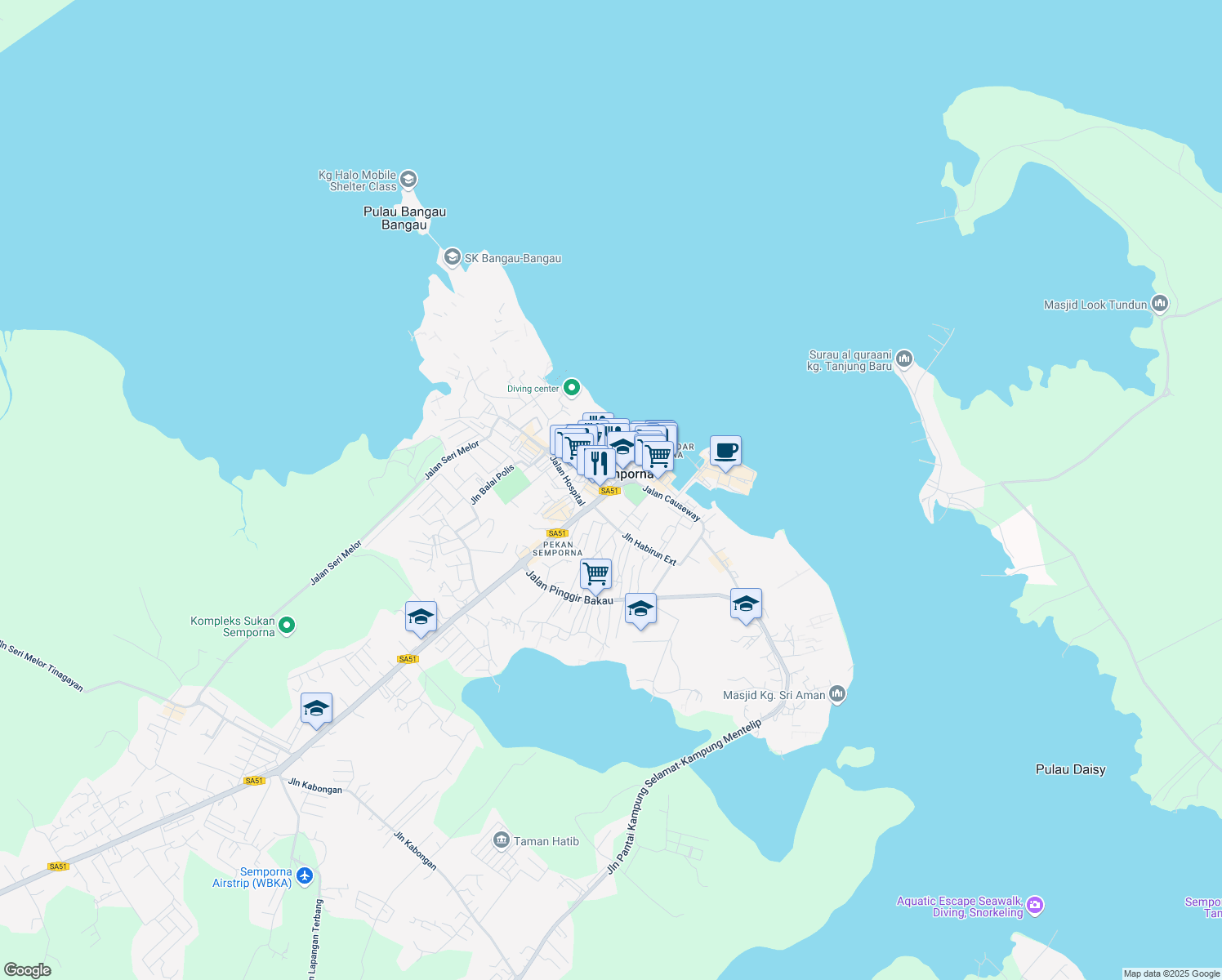 map of restaurants, bars, coffee shops, grocery stores, and more near Jalan Tawau Semporna in Semporna