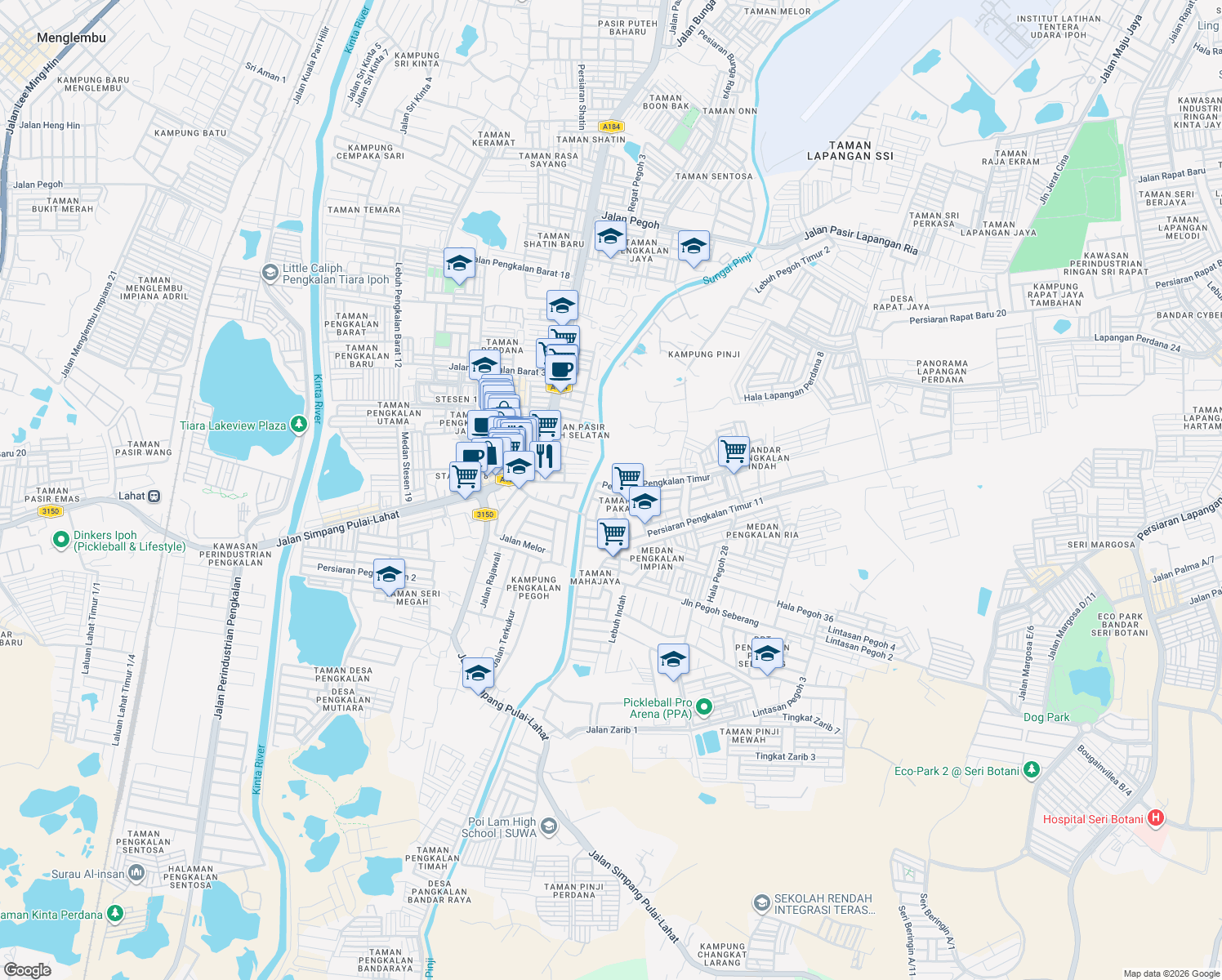 map of restaurants, bars, coffee shops, grocery stores, and more near 27 Persiaran Pengkalan Timur in Ipoh