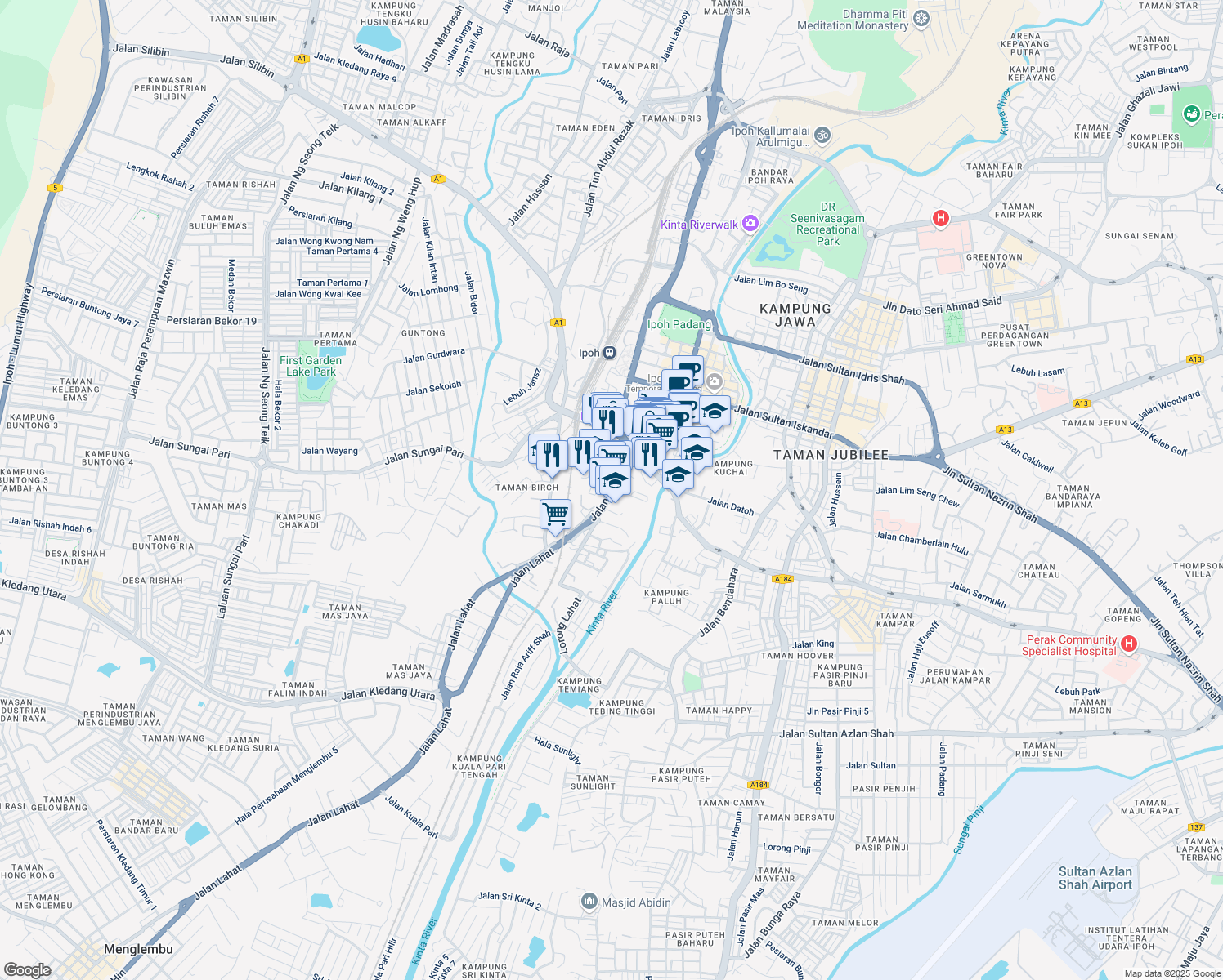 map of restaurants, bars, coffee shops, grocery stores, and more near Jalan Lahat in Ipoh