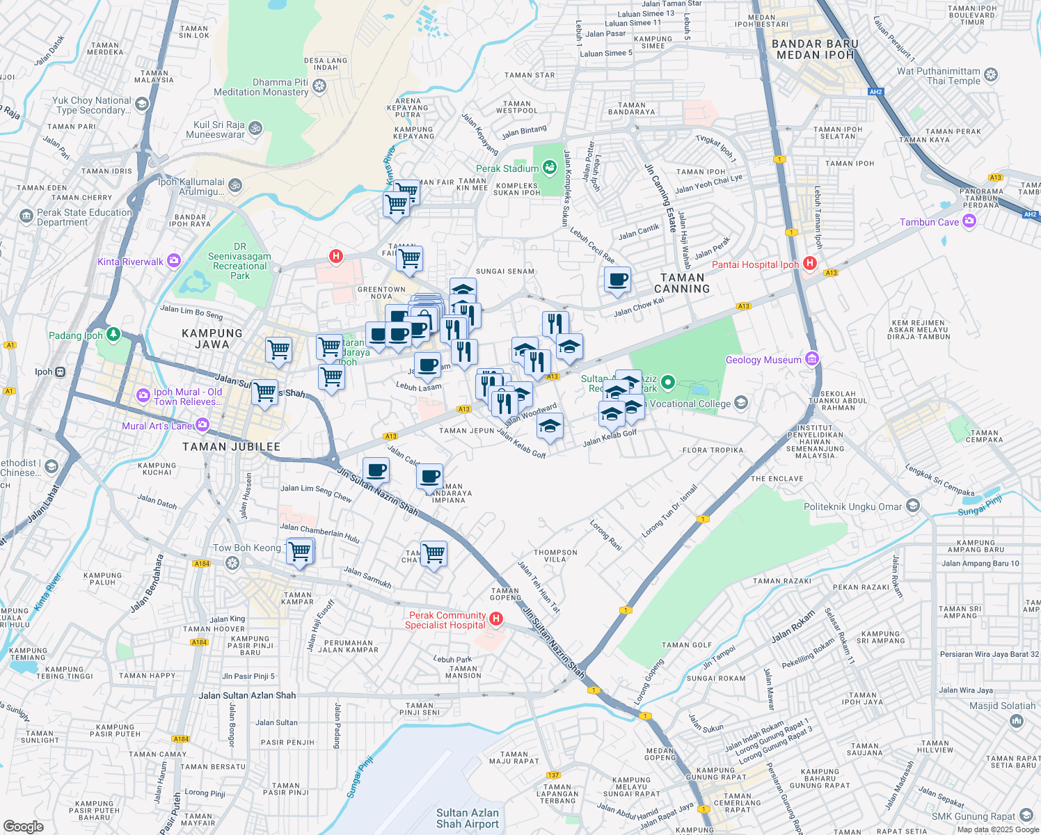 map of restaurants, bars, coffee shops, grocery stores, and more near Jalan Woodward in Ipoh