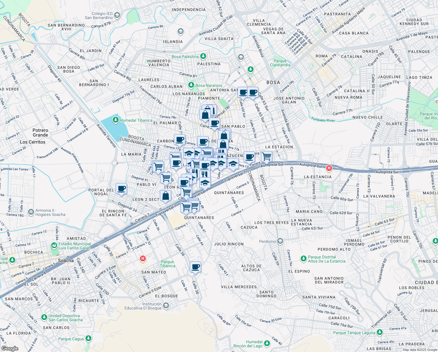 map of restaurants, bars, coffee shops, grocery stores, and more near 7-36 Calle 55 in Soacha