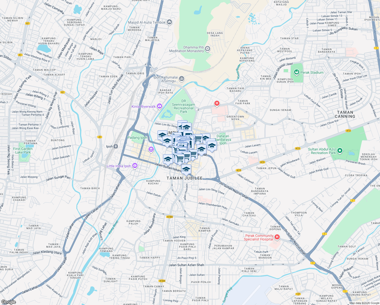 map of restaurants, bars, coffee shops, grocery stores, and more near 292 Jalan Sultan Idris Shah in Ipoh