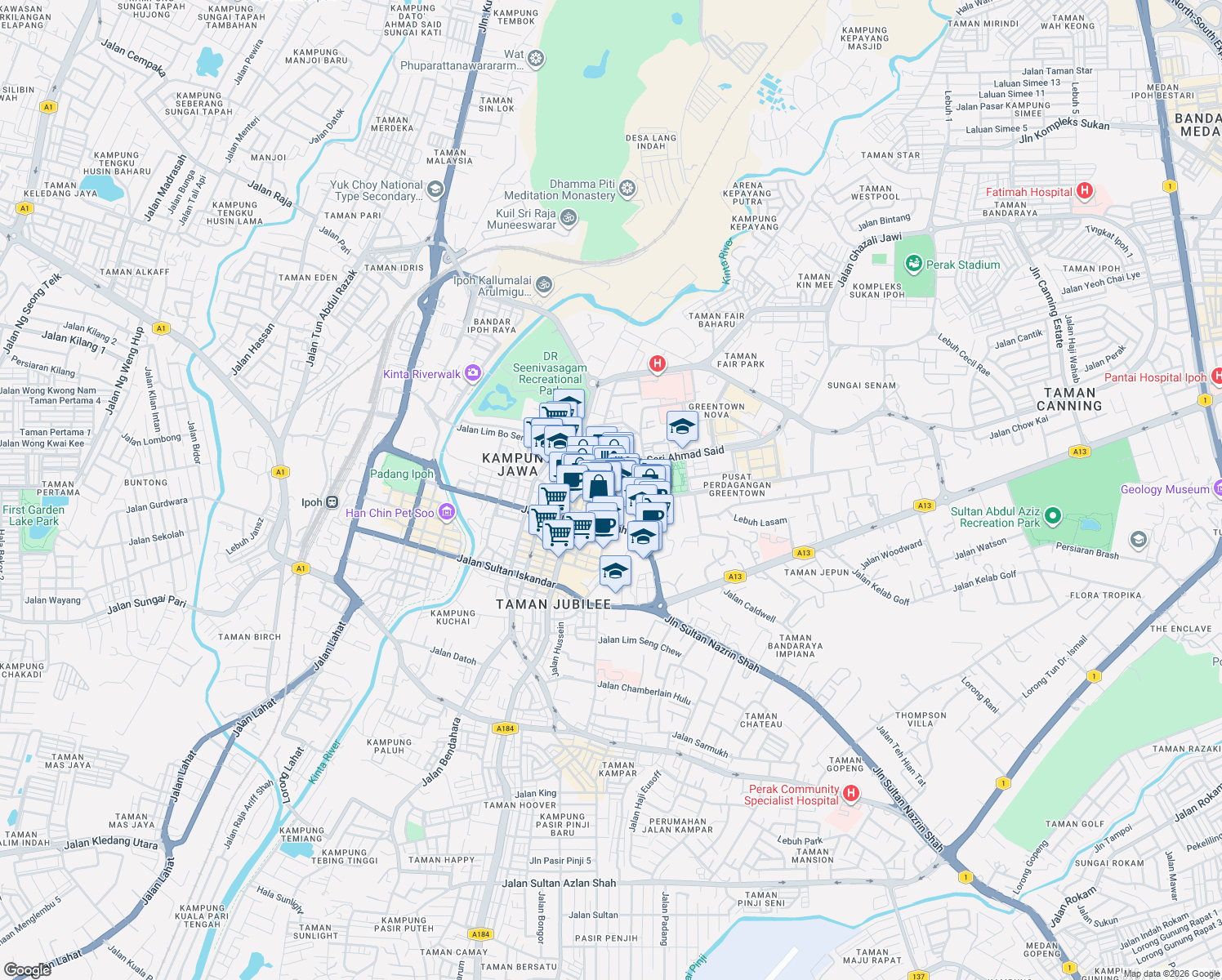 map of restaurants, bars, coffee shops, grocery stores, and more near Persiaran Greenhill in Ipoh