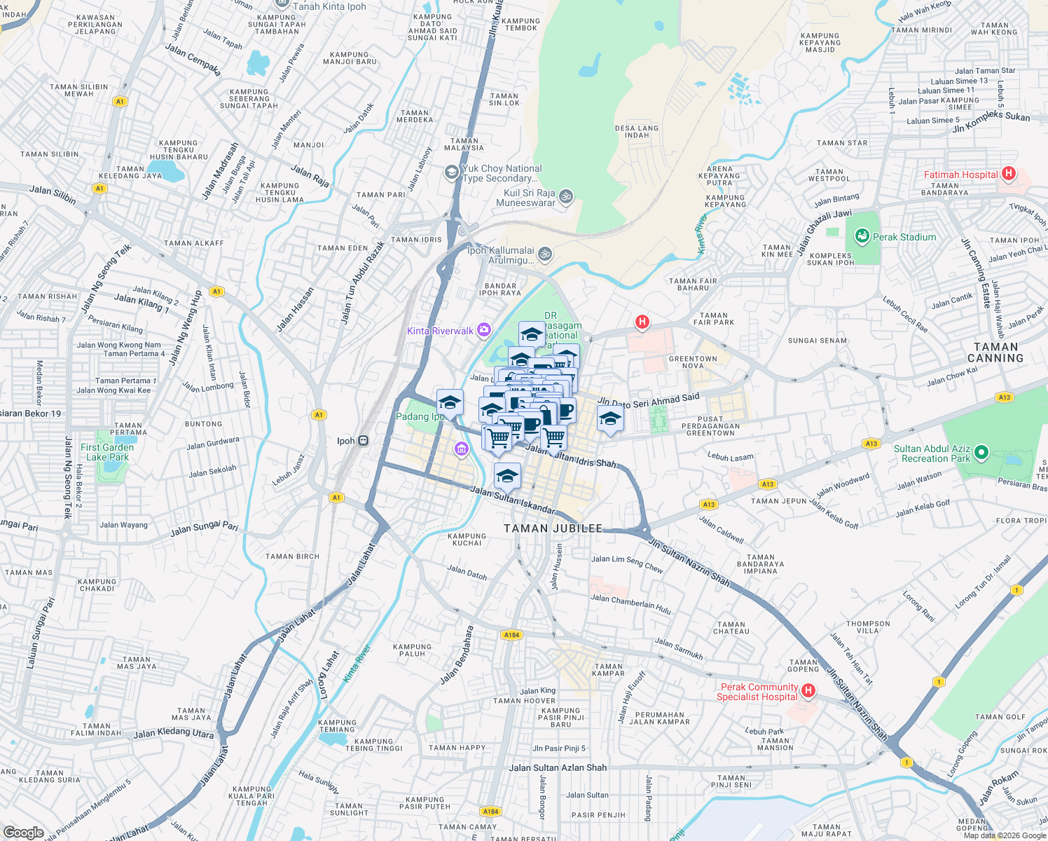 map of restaurants, bars, coffee shops, grocery stores, and more near Jalan Horley in Ipoh
