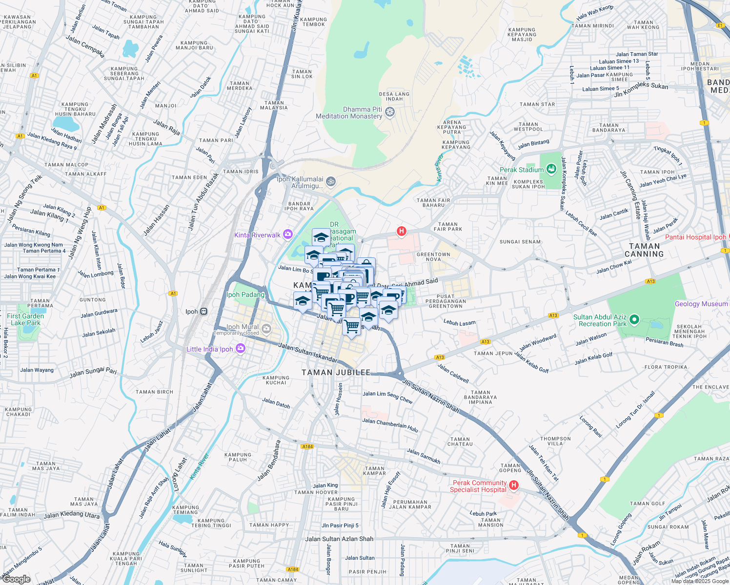 map of restaurants, bars, coffee shops, grocery stores, and more near 17 Jalan Seenivasagam in Ipoh