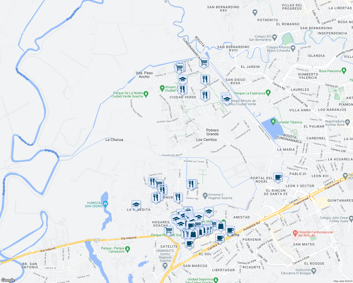 map of restaurants, bars, coffee shops, grocery stores, and more near 13-132 Carrera 31 in Soacha