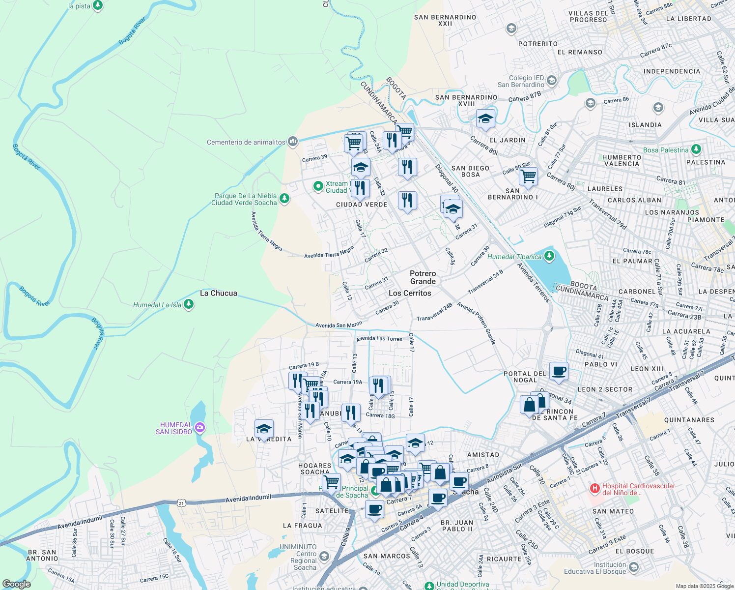 map of restaurants, bars, coffee shops, grocery stores, and more near 13-132 Carrera 31 in Soacha