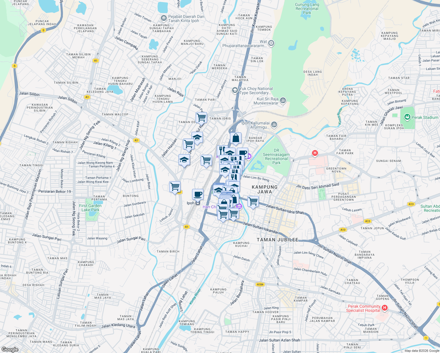 map of restaurants, bars, coffee shops, grocery stores, and more near Jalan Panglima Bukit Gantang Wahab in Ipoh