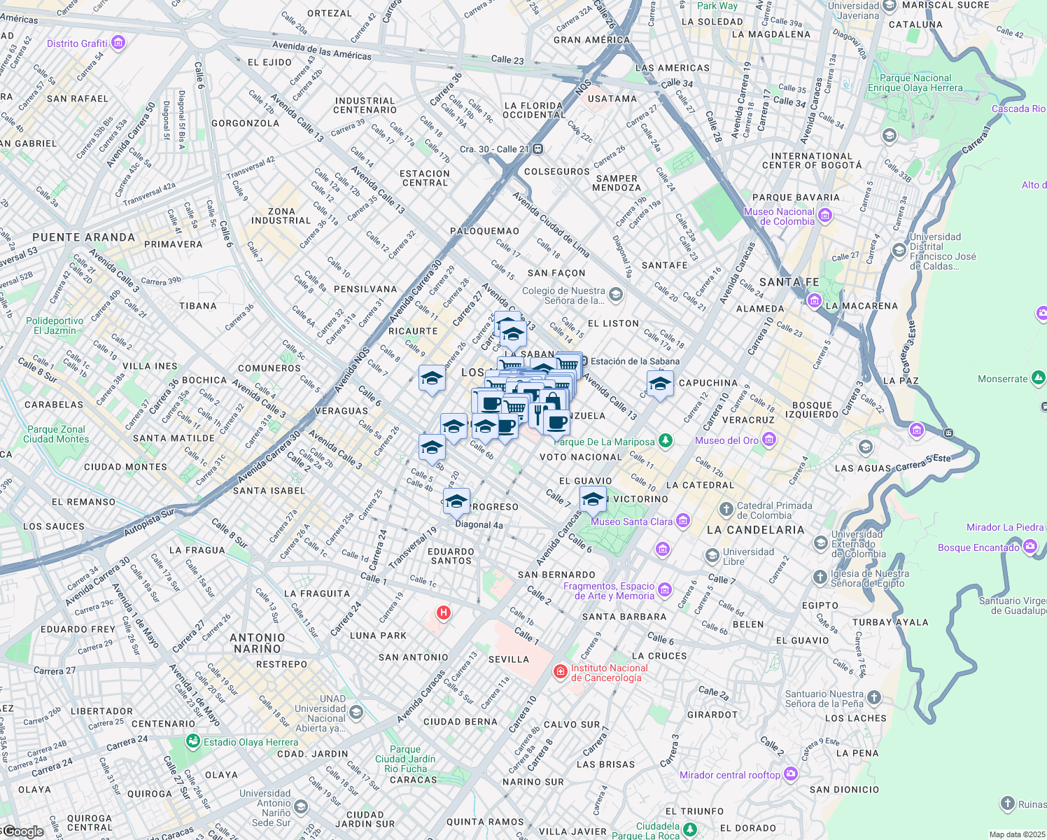 map of restaurants, bars, coffee shops, grocery stores, and more near 95- 55 Carrera 19 in Bogotá
