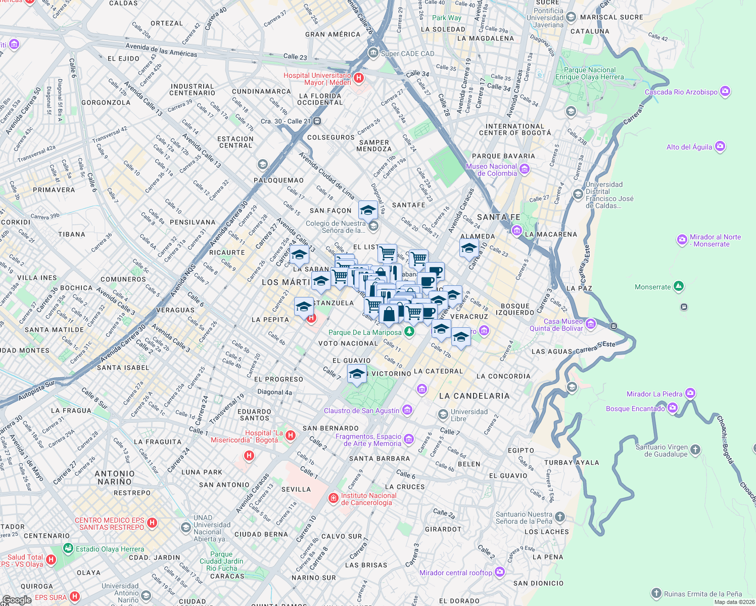 map of restaurants, bars, coffee shops, grocery stores, and more near 1564 Calle 13 in Bogota