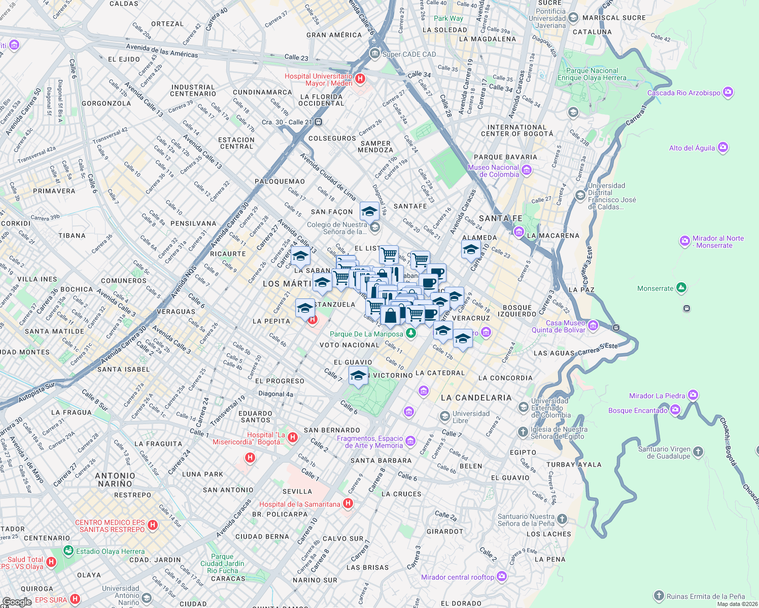 map of restaurants, bars, coffee shops, grocery stores, and more near 1564 Calle 13 in Bogota