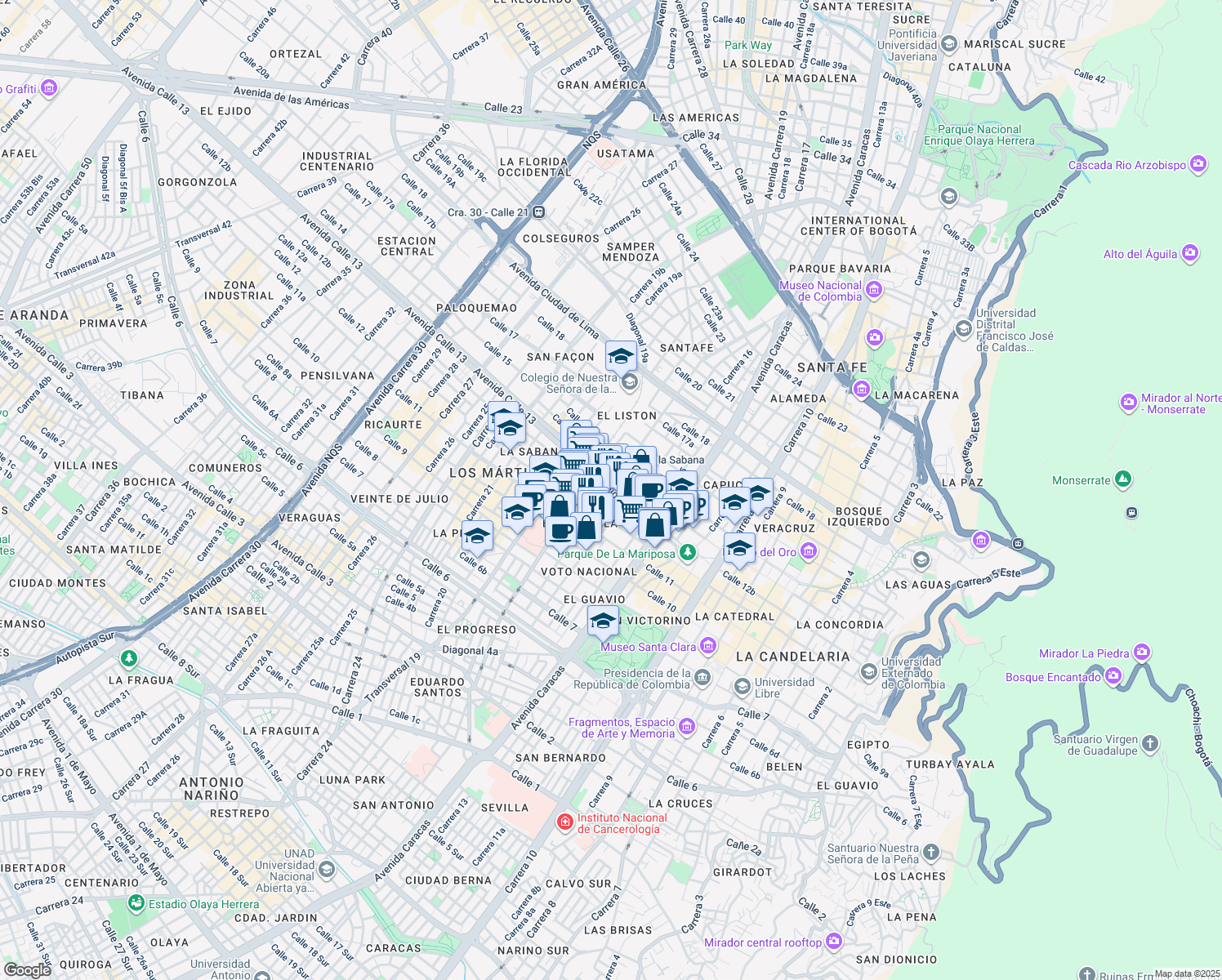 map of restaurants, bars, coffee shops, grocery stores, and more near 16a11 Calle 13 in Bogotá