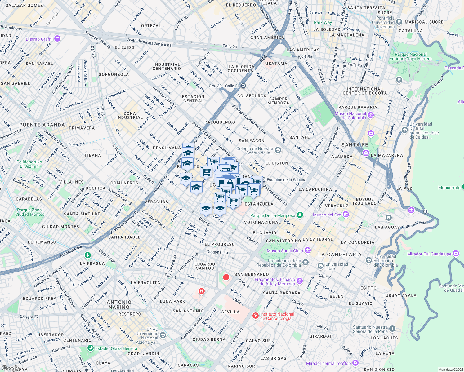 map of restaurants, bars, coffee shops, grocery stores, and more near Calle 11 in Bogotá