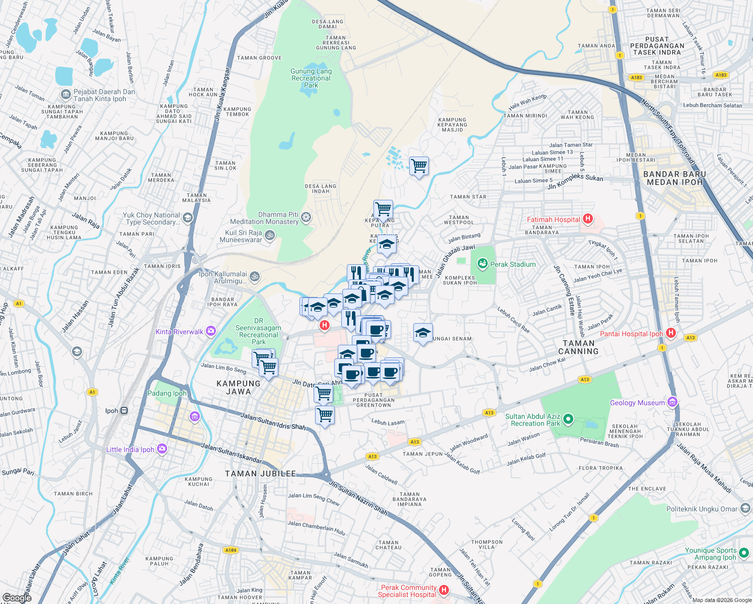 map of restaurants, bars, coffee shops, grocery stores, and more near Jalan Kamaruddin Isa in Ipoh