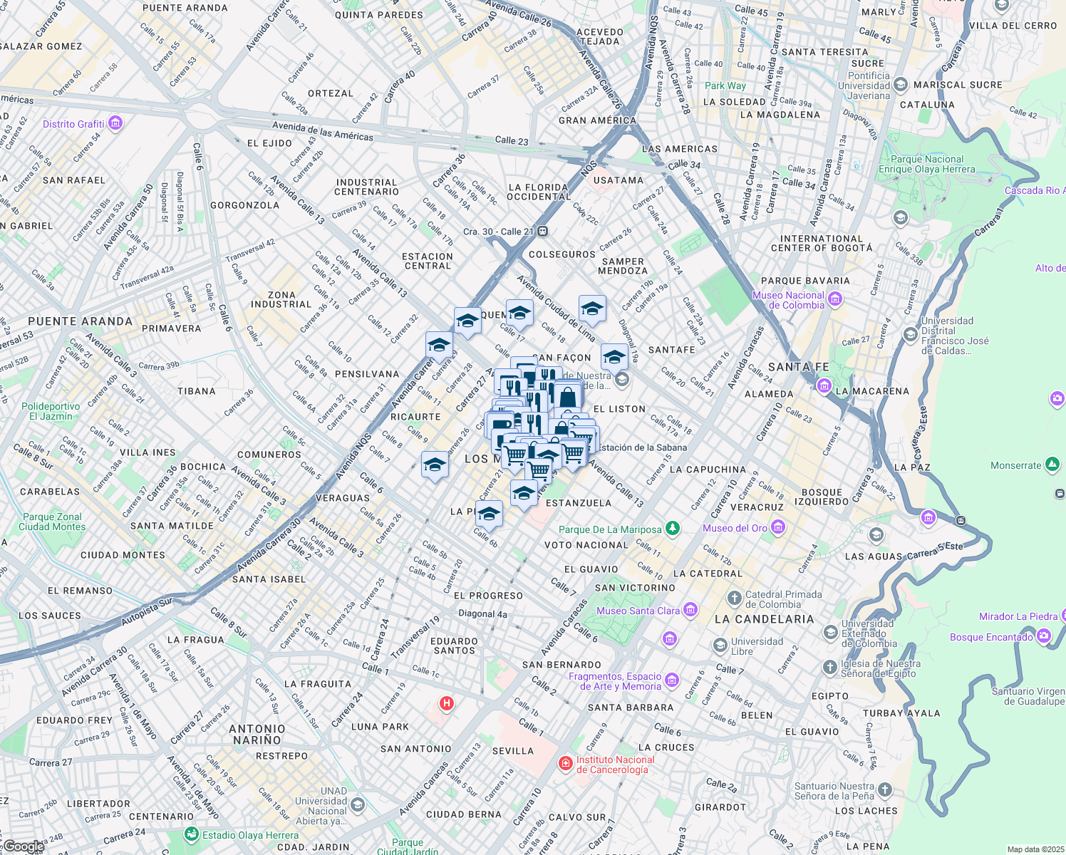 map of restaurants, bars, coffee shops, grocery stores, and more near 21 31 Calle 12b in Bogotá