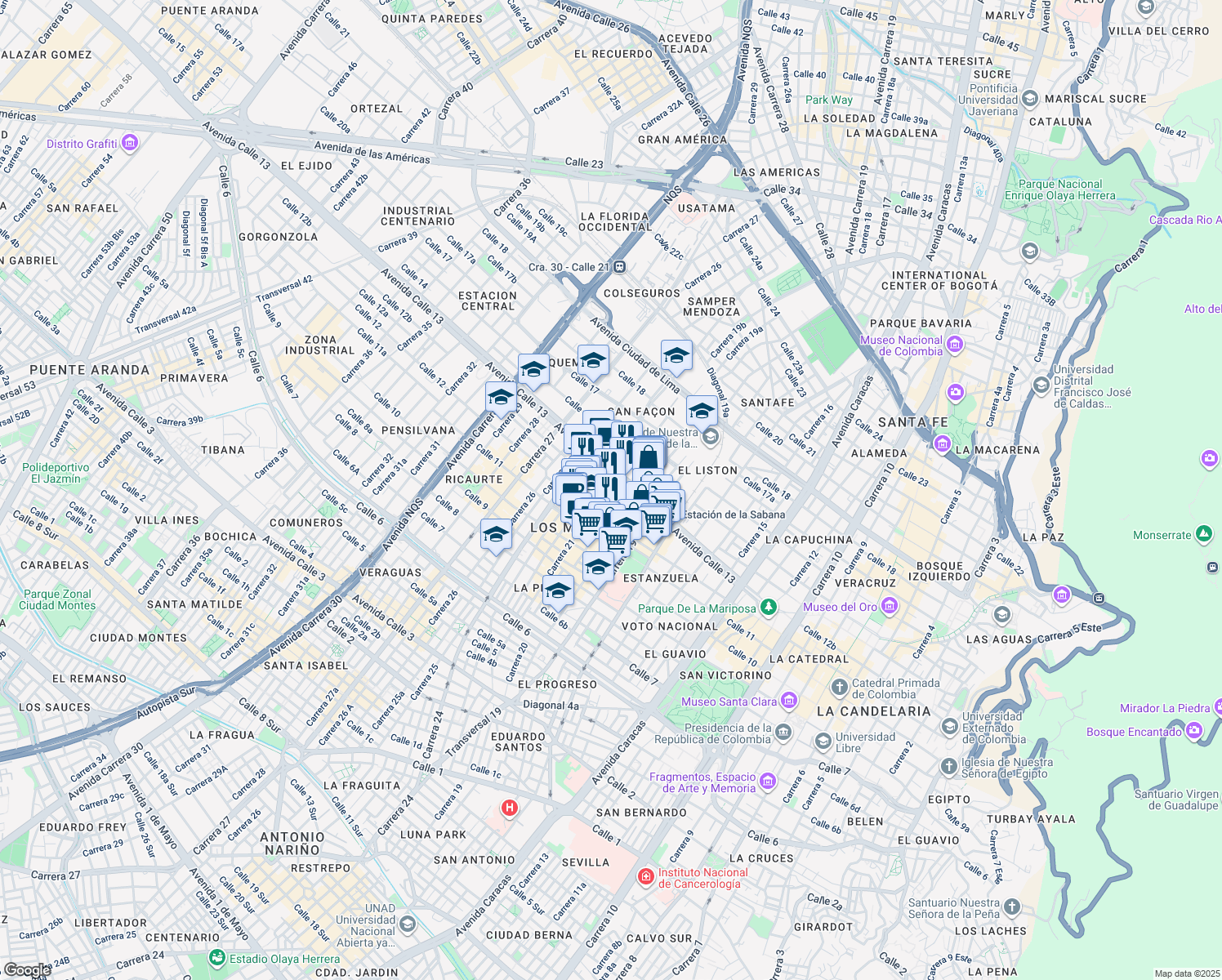 map of restaurants, bars, coffee shops, grocery stores, and more near 21 31 Calle 12b in Bogotá