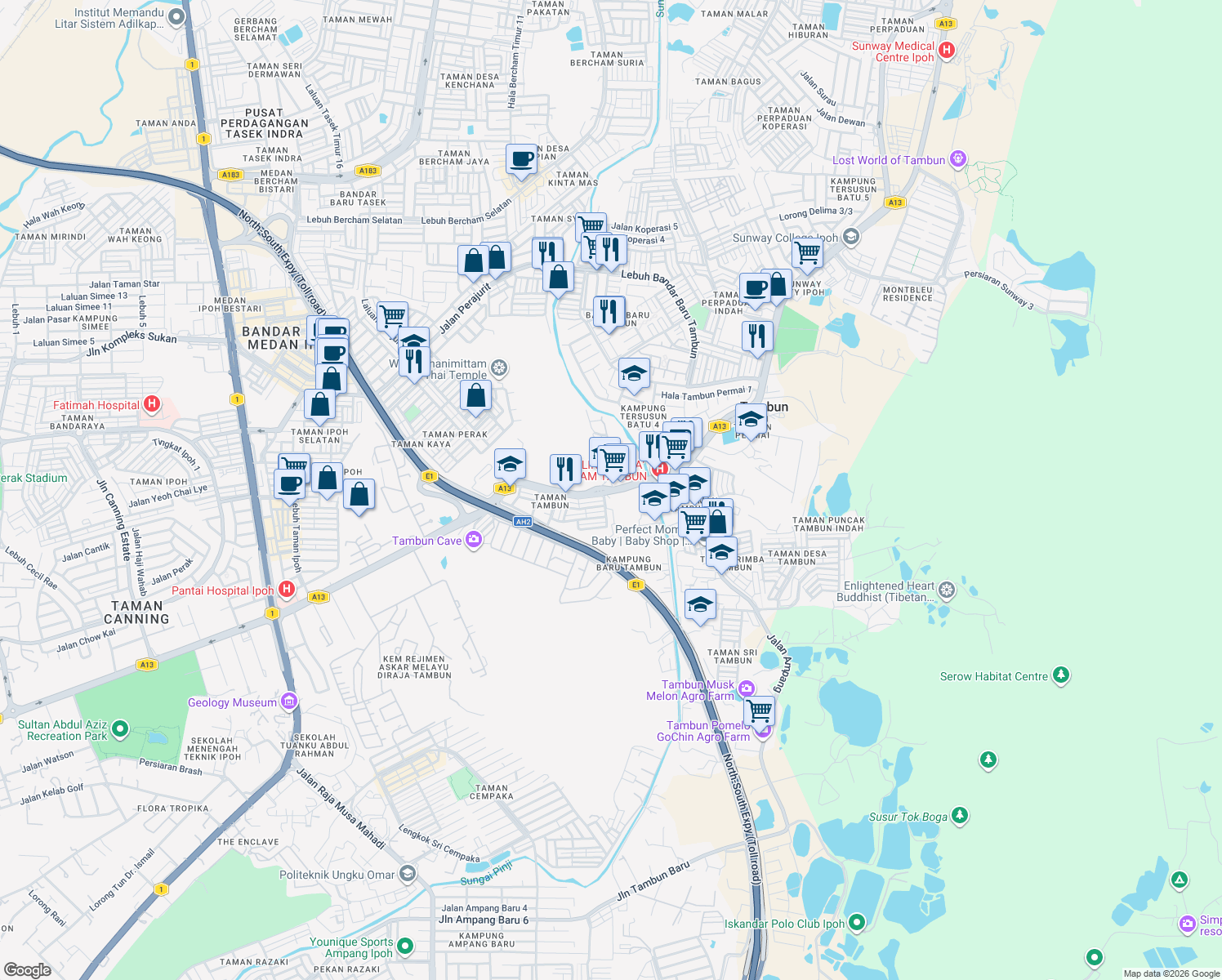 map of restaurants, bars, coffee shops, grocery stores, and more near Jalan Tambun in Ipoh