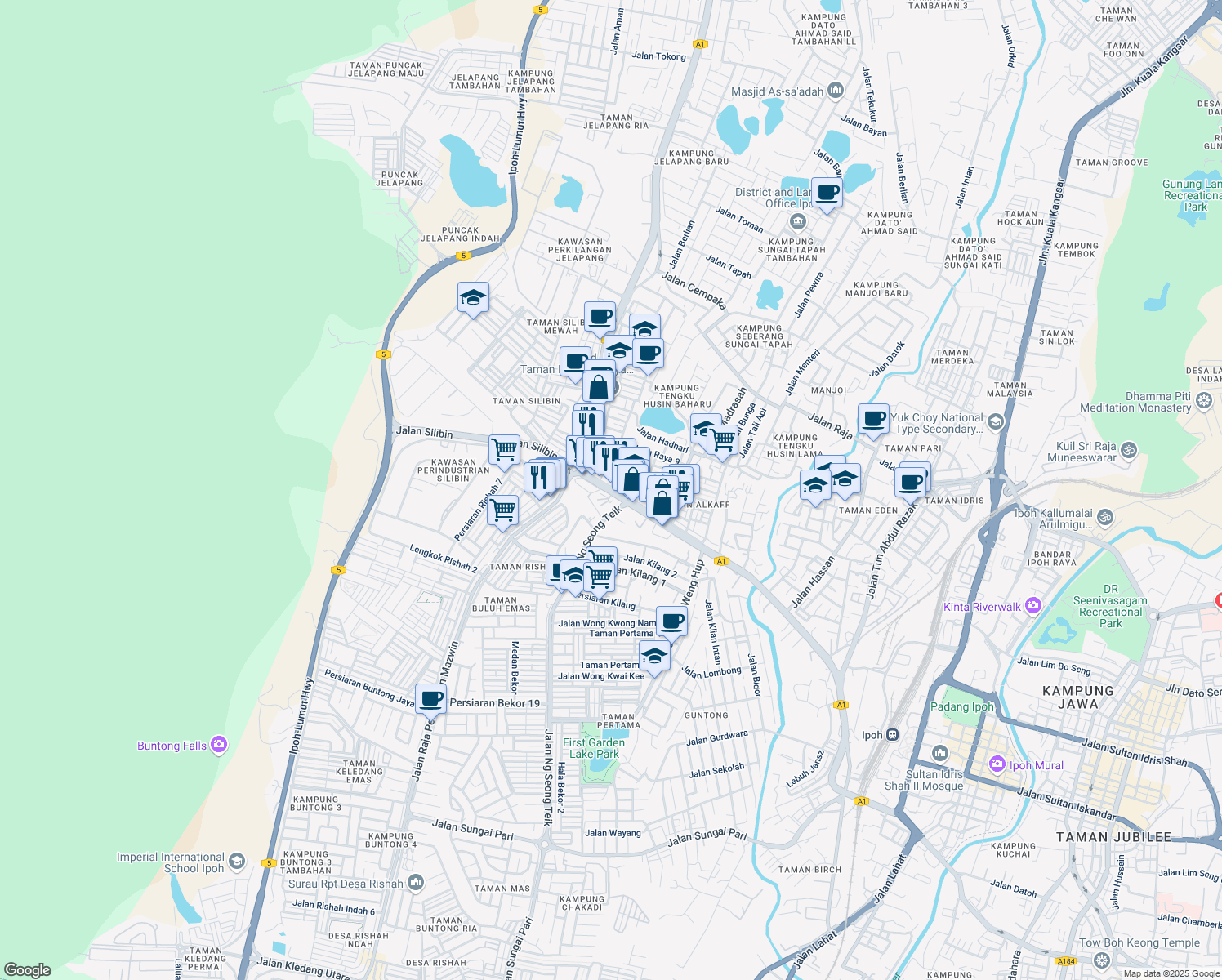 map of restaurants, bars, coffee shops, grocery stores, and more near Jalan Silibin & Jalan Kledang Raya 4 in Ipoh