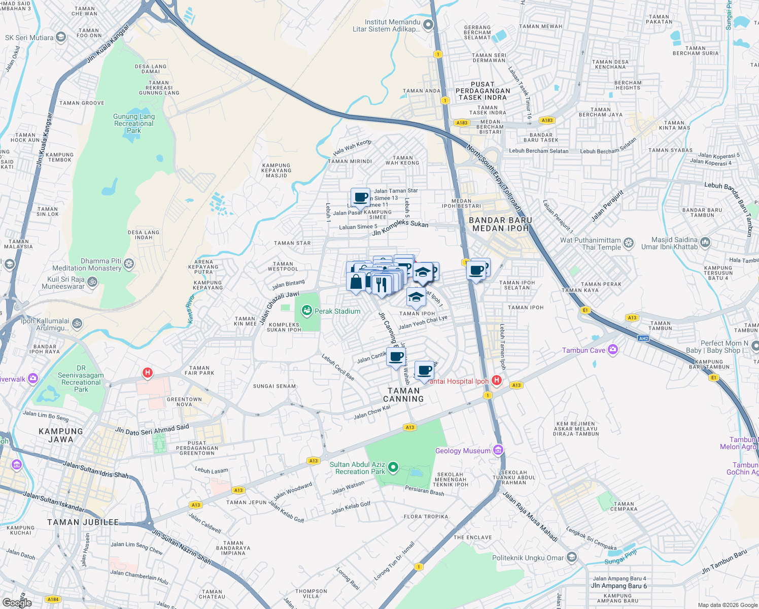 map of restaurants, bars, coffee shops, grocery stores, and more near 85 Jalan Canning Estate in Ipoh