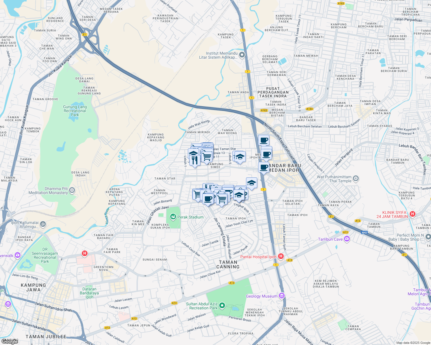 map of restaurants, bars, coffee shops, grocery stores, and more near Jalan Kompleks Sukan in Ipoh