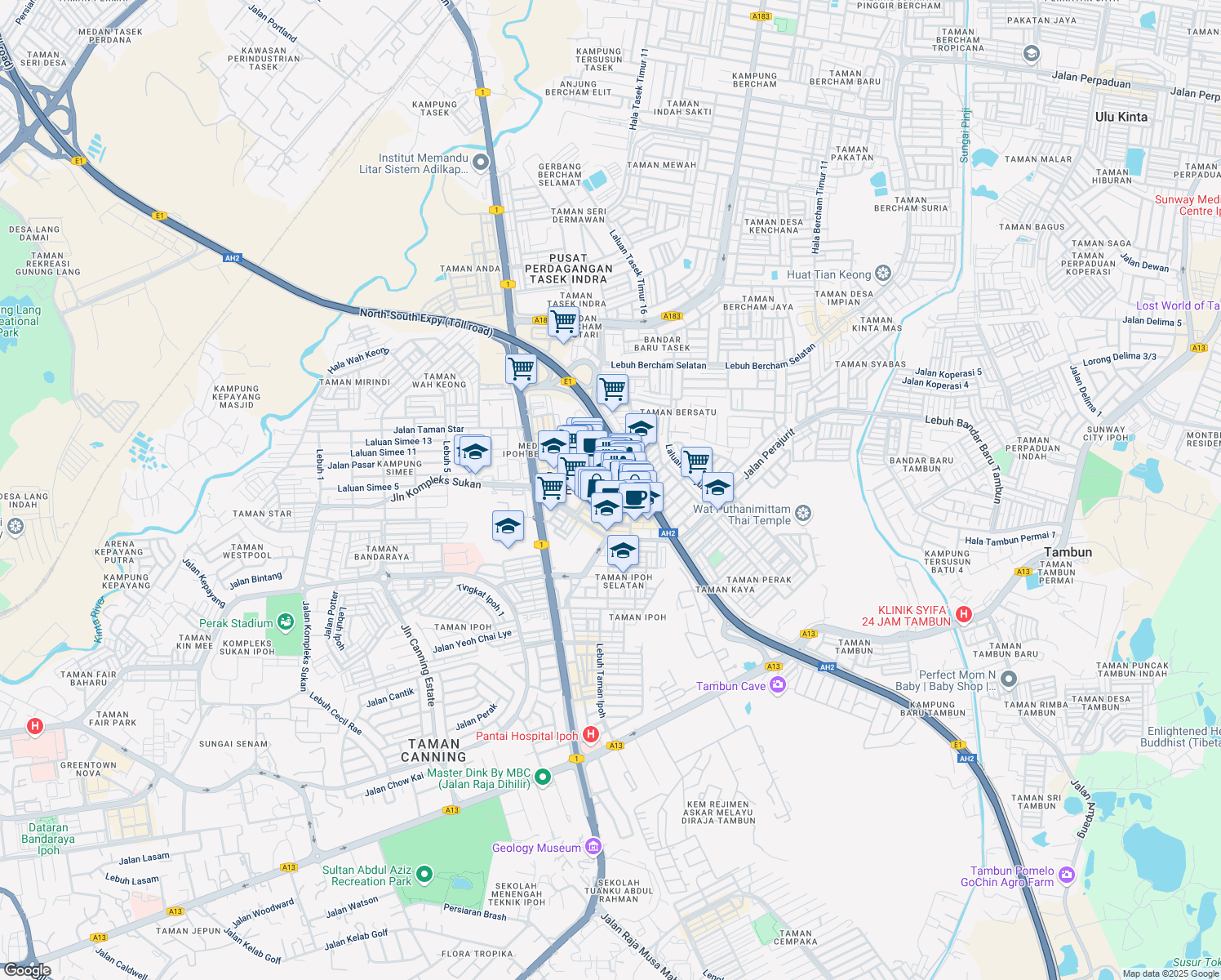 map of restaurants, bars, coffee shops, grocery stores, and more near Jalan Medan Ipoh 5 in Ipoh