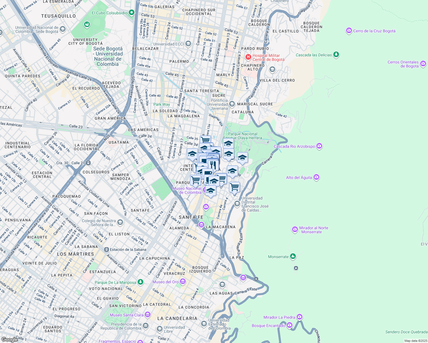 map of restaurants, bars, coffee shops, grocery stores, and more near 3216 Avenida Carrera 7 in Bogotá
