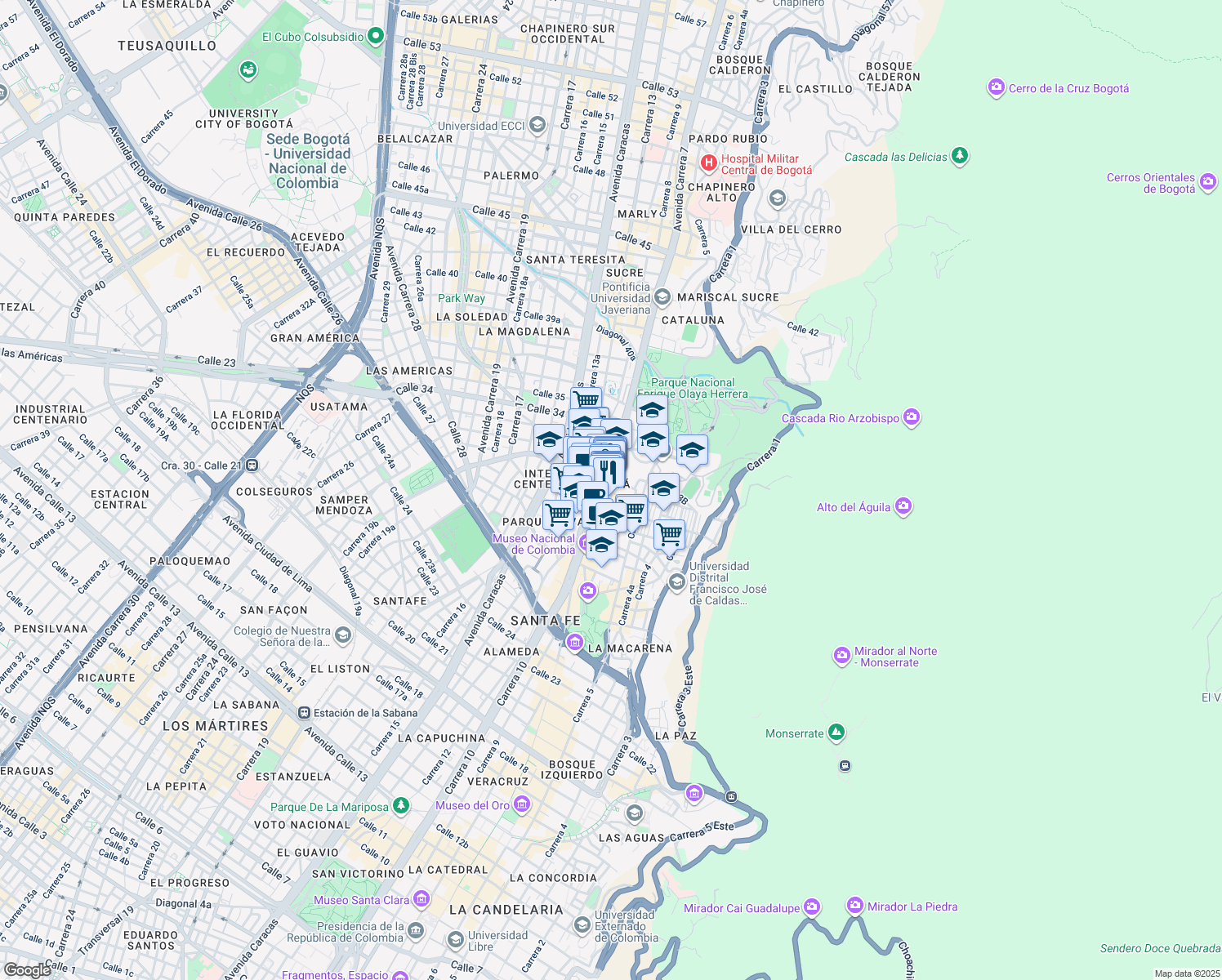 map of restaurants, bars, coffee shops, grocery stores, and more near 3216 Avenida Carrera 7 in Bogotá