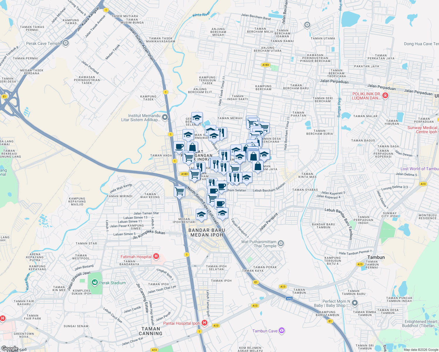 map of restaurants, bars, coffee shops, grocery stores, and more near Jalan Bercham in Ipoh