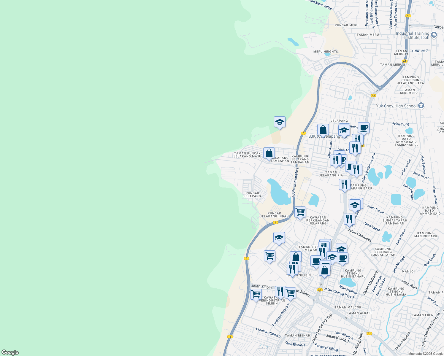 map of restaurants, bars, coffee shops, grocery stores, and more near 97 Laluan Puncak Jelapang 12 in Ipoh