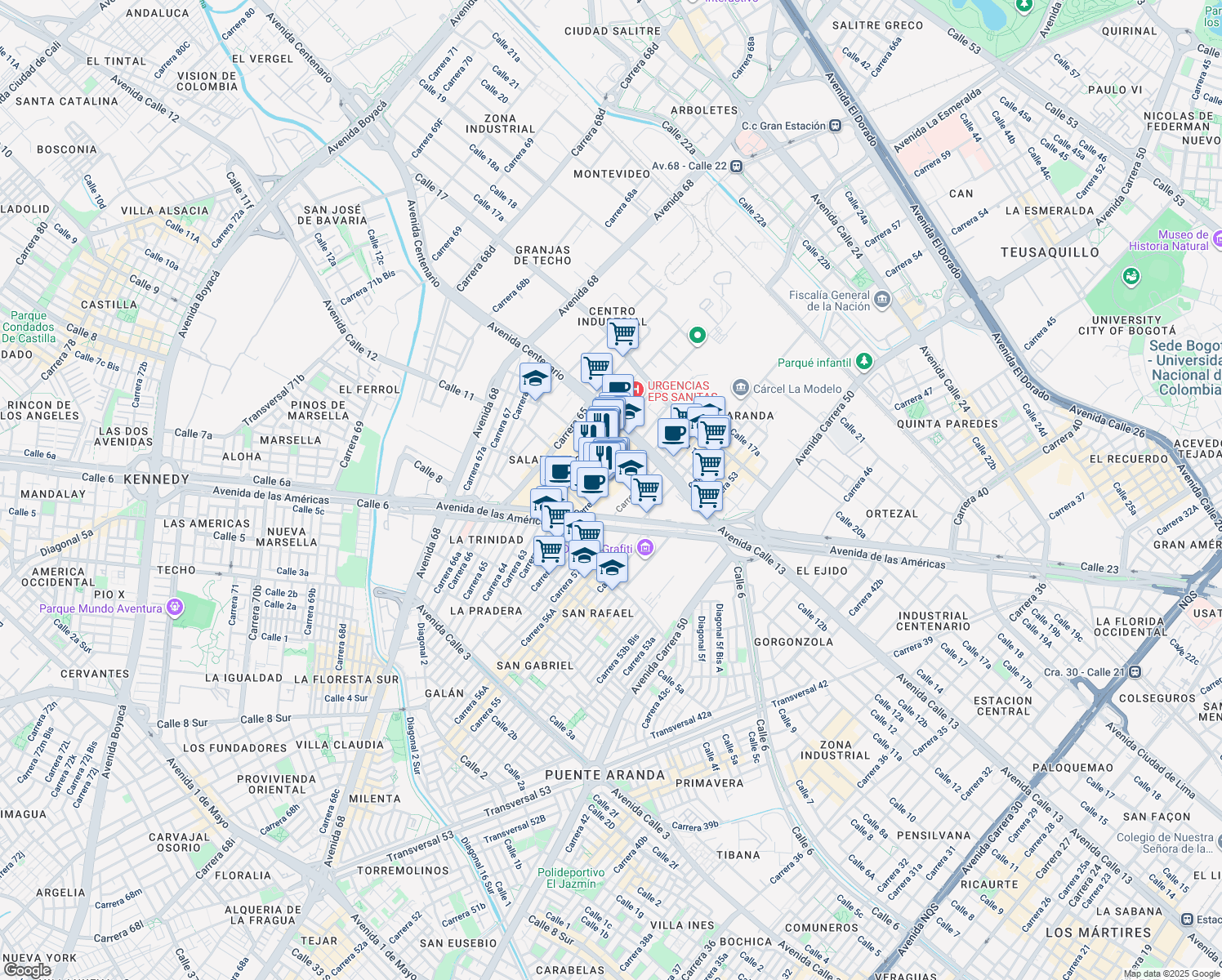 map of restaurants, bars, coffee shops, grocery stores, and more near # 11-14 Carrera 60 in Bogotá