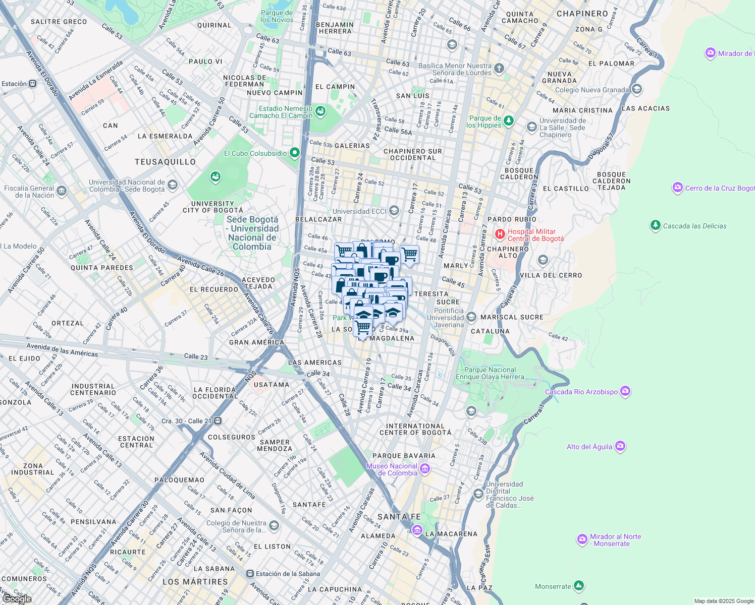 map of restaurants, bars, coffee shops, grocery stores, and more near 95- 55 Carrera 19 in Bogotá