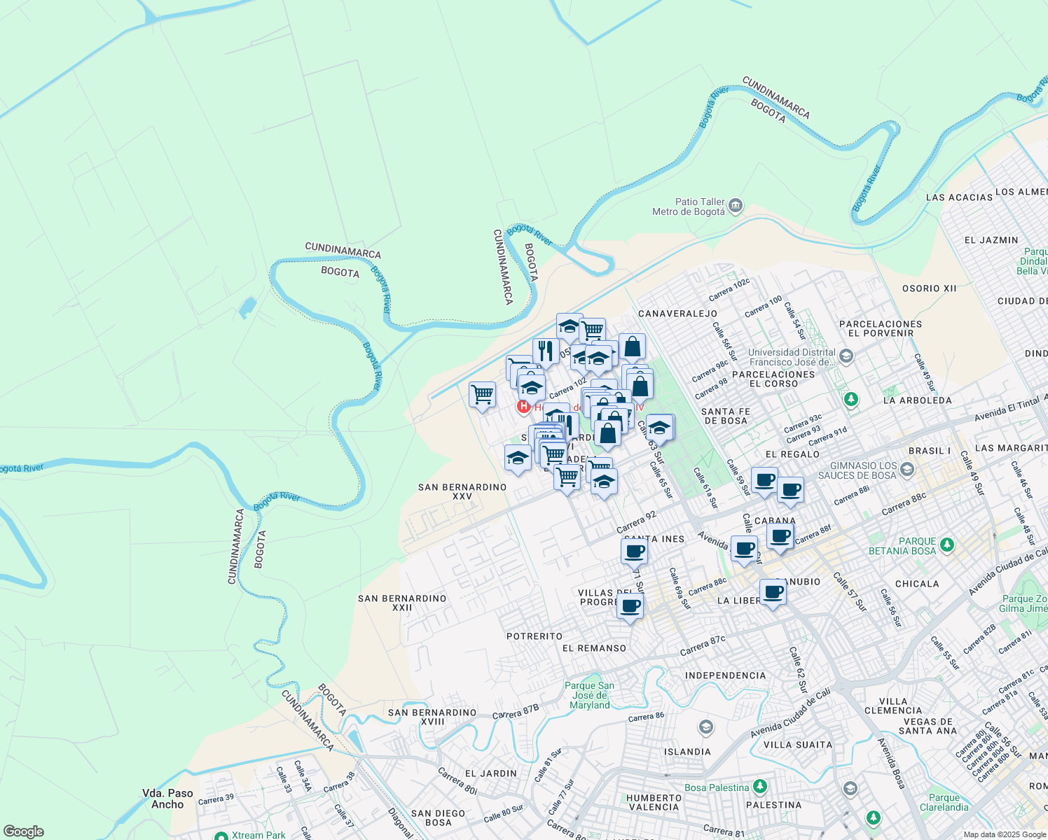 map of restaurants, bars, coffee shops, grocery stores, and more near 100a-53 Calle 73 Sur in Bogotá
