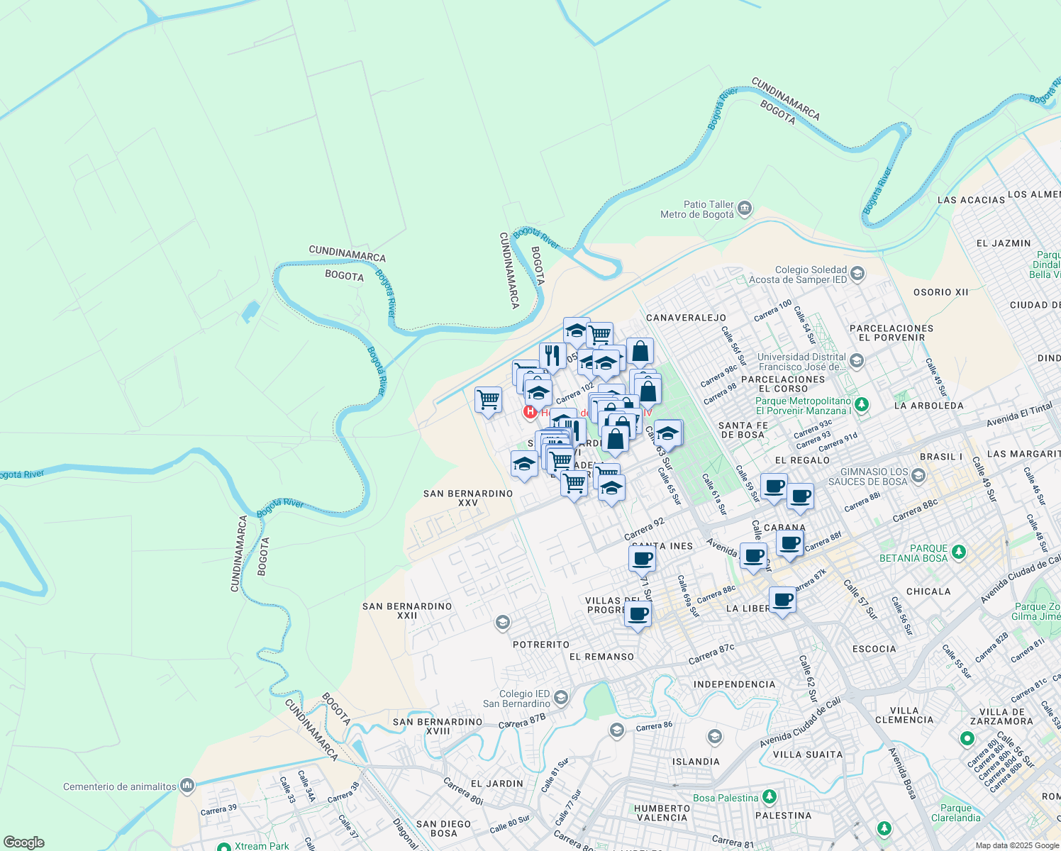 map of restaurants, bars, coffee shops, grocery stores, and more near 100a-53 Calle 73 Sur in Bogotá
