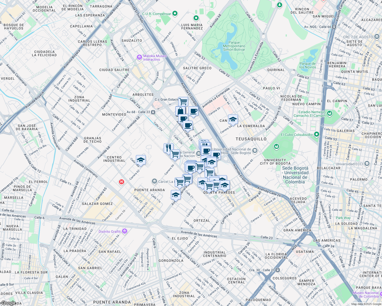 map of restaurants, bars, coffee shops, grocery stores, and more near Calle 22b in Bogotá