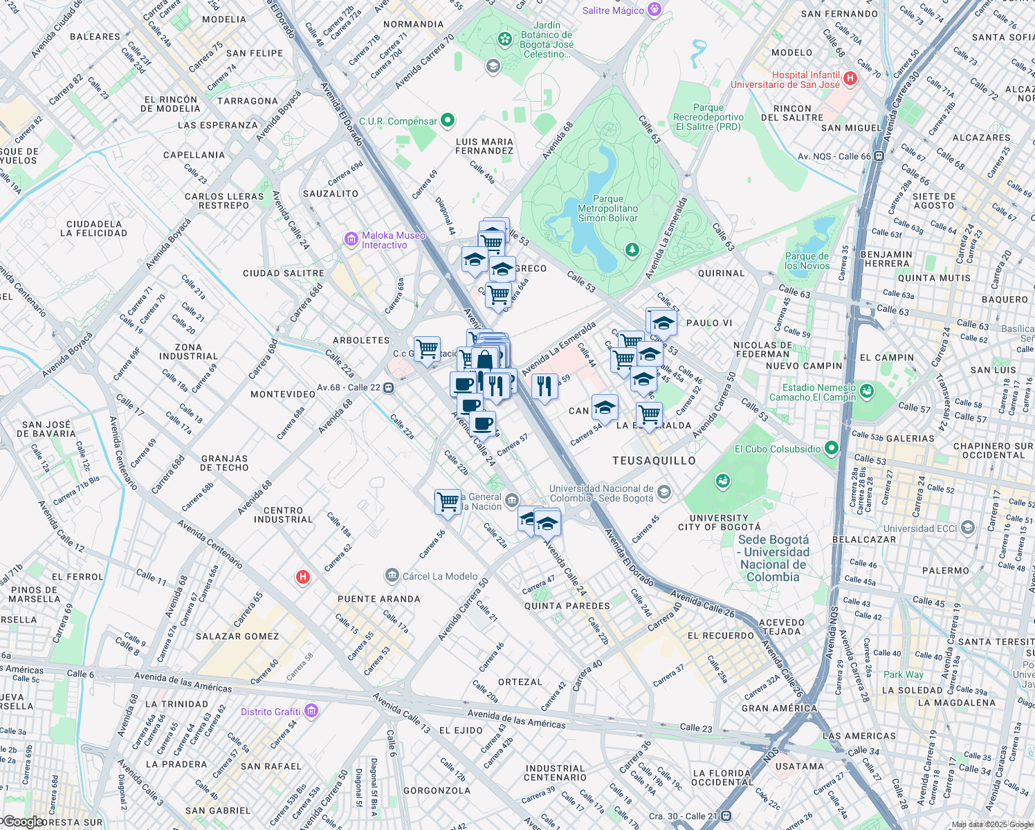 map of restaurants, bars, coffee shops, grocery stores, and more near 57-83 Avenida Calle 26 in Bogotá