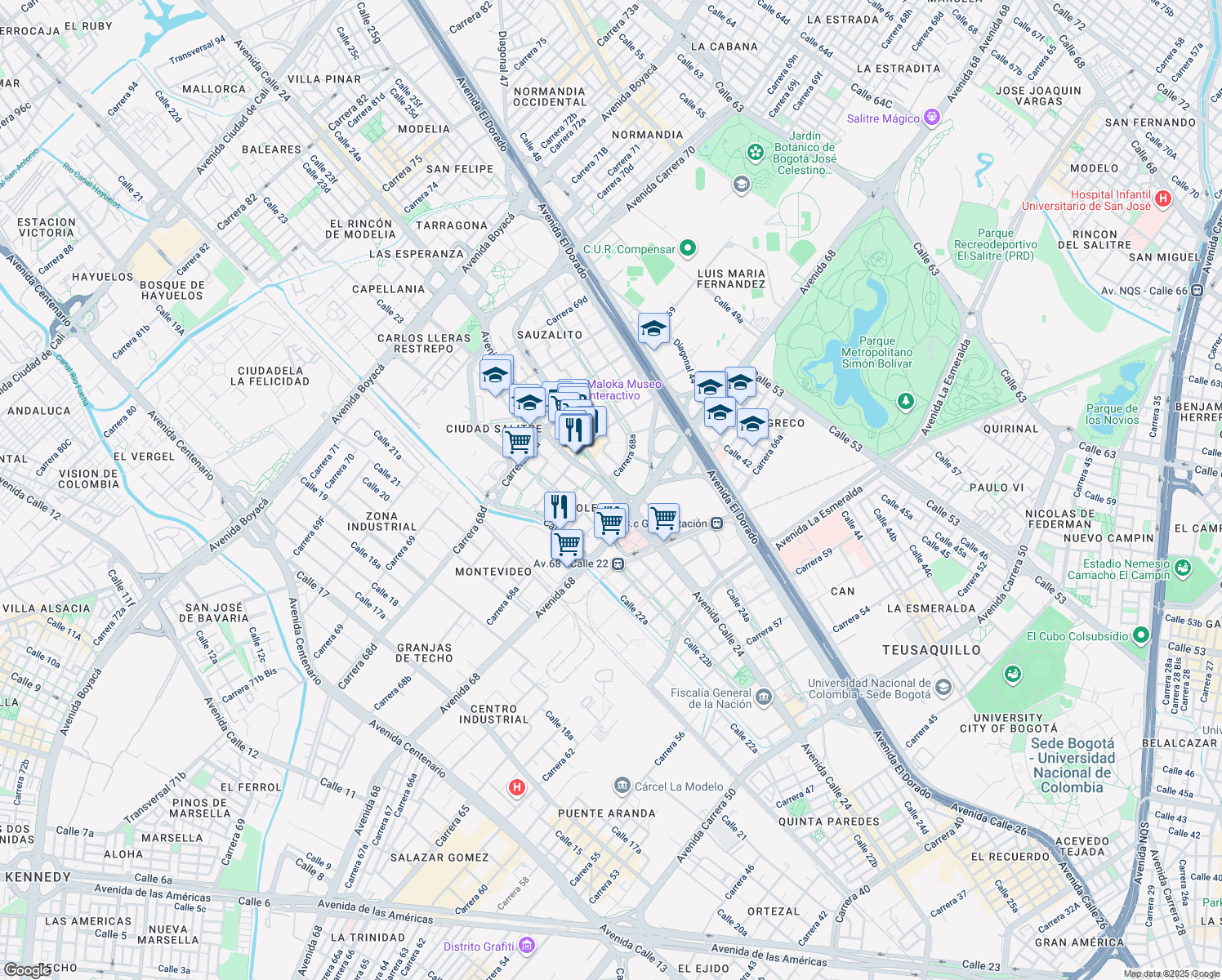 map of restaurants, bars, coffee shops, grocery stores, and more near 6885 Avenida Calle 24 in Bogotá