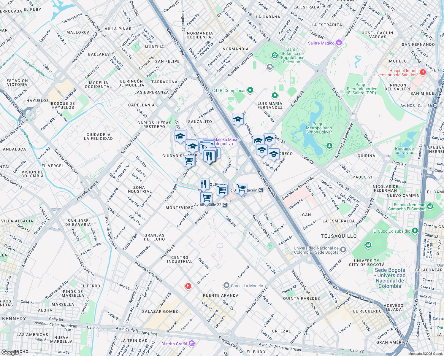 map of restaurants, bars, coffee shops, grocery stores, and more near 6885 Avenida Calle 24 in Bogotá