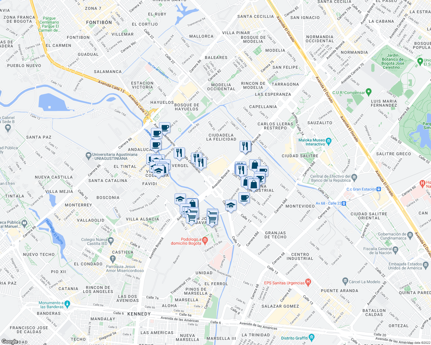 map of restaurants, bars, coffee shops, grocery stores, and more near 72-57 Calle 19A in Bogotá
