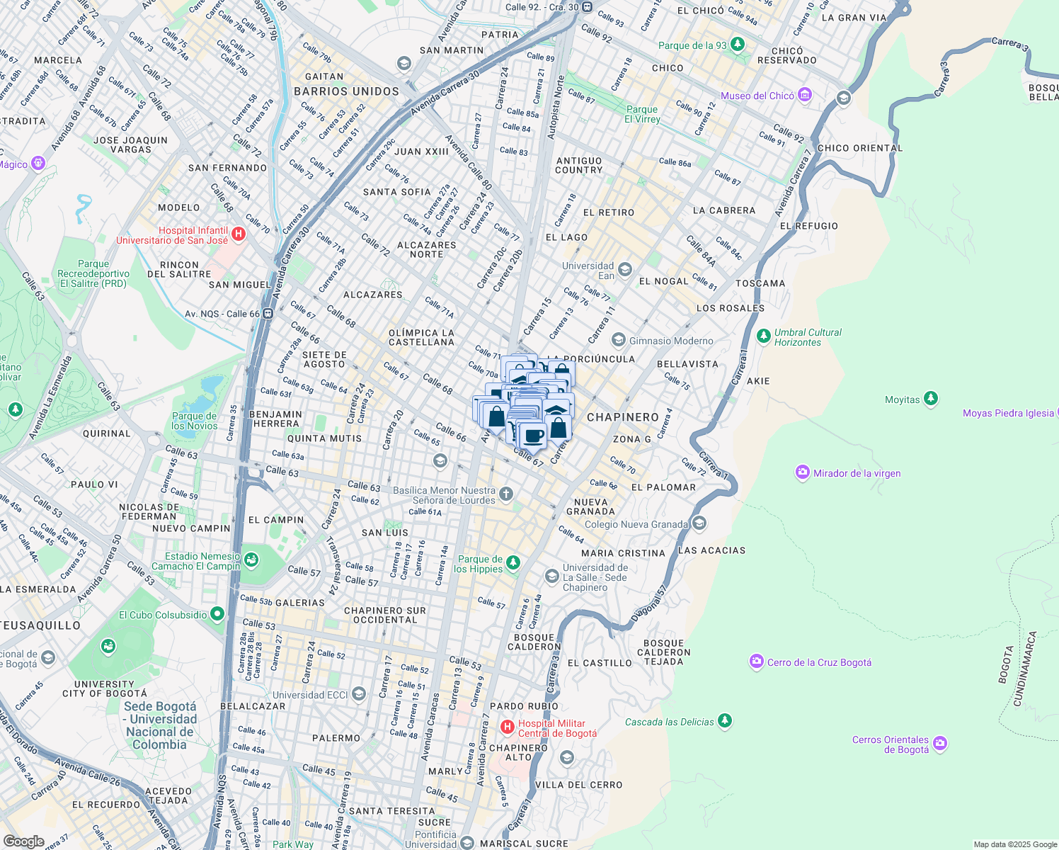 map of restaurants, bars, coffee shops, grocery stores, and more near 69-11 Carrera 11 in Bogotá