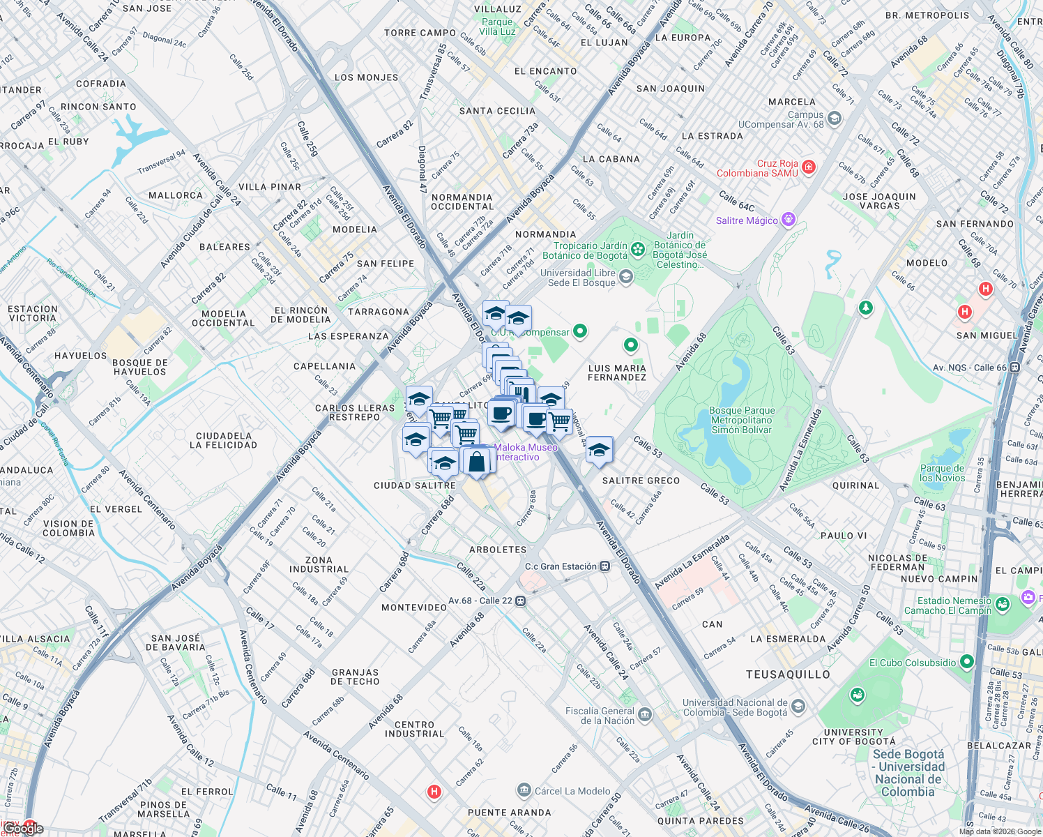 map of restaurants, bars, coffee shops, grocery stores, and more near 63 Avenida El Dorado in Bogotá
