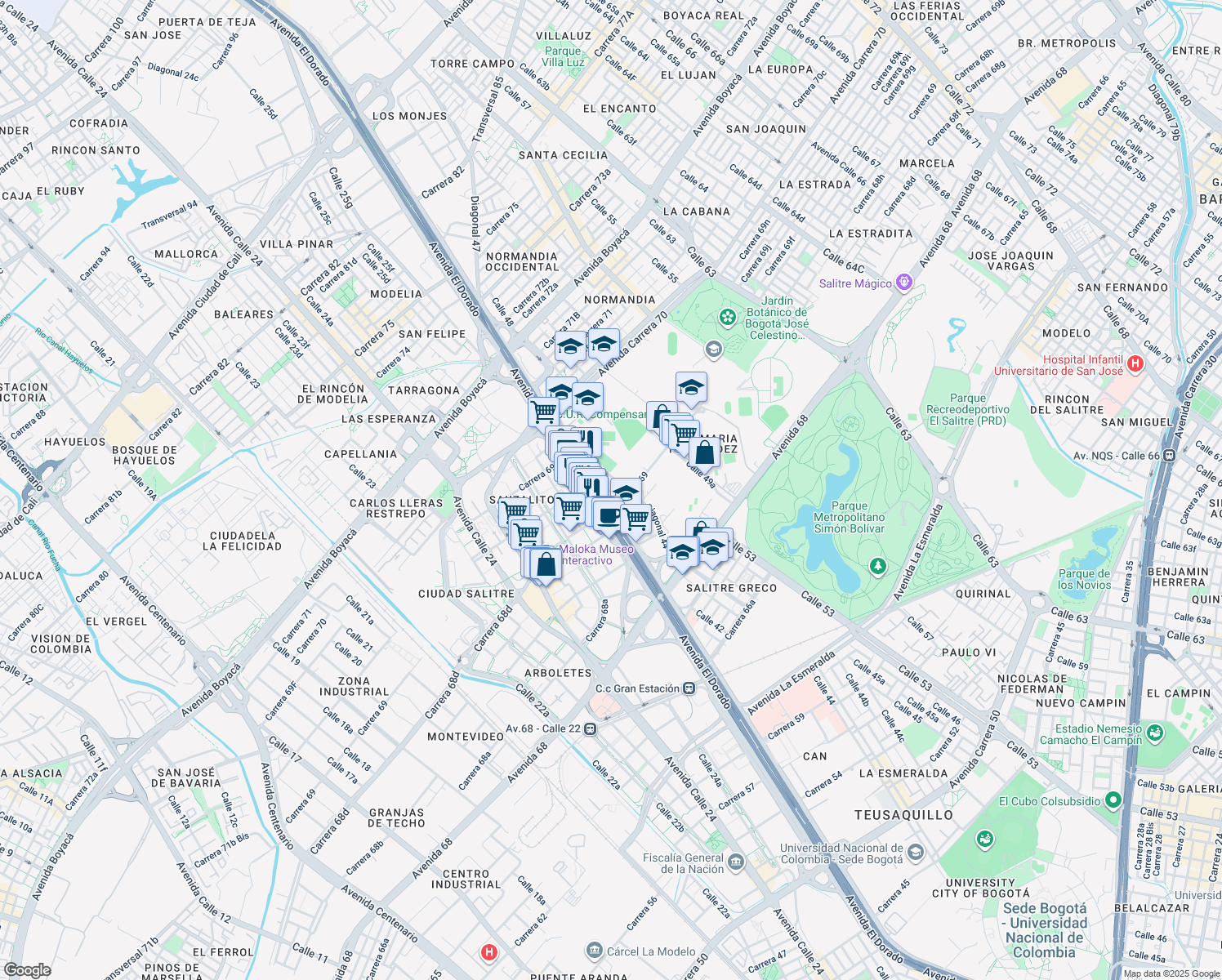 map of restaurants, bars, coffee shops, grocery stores, and more near 69-76 Avenida Calle 26 in Bogotá